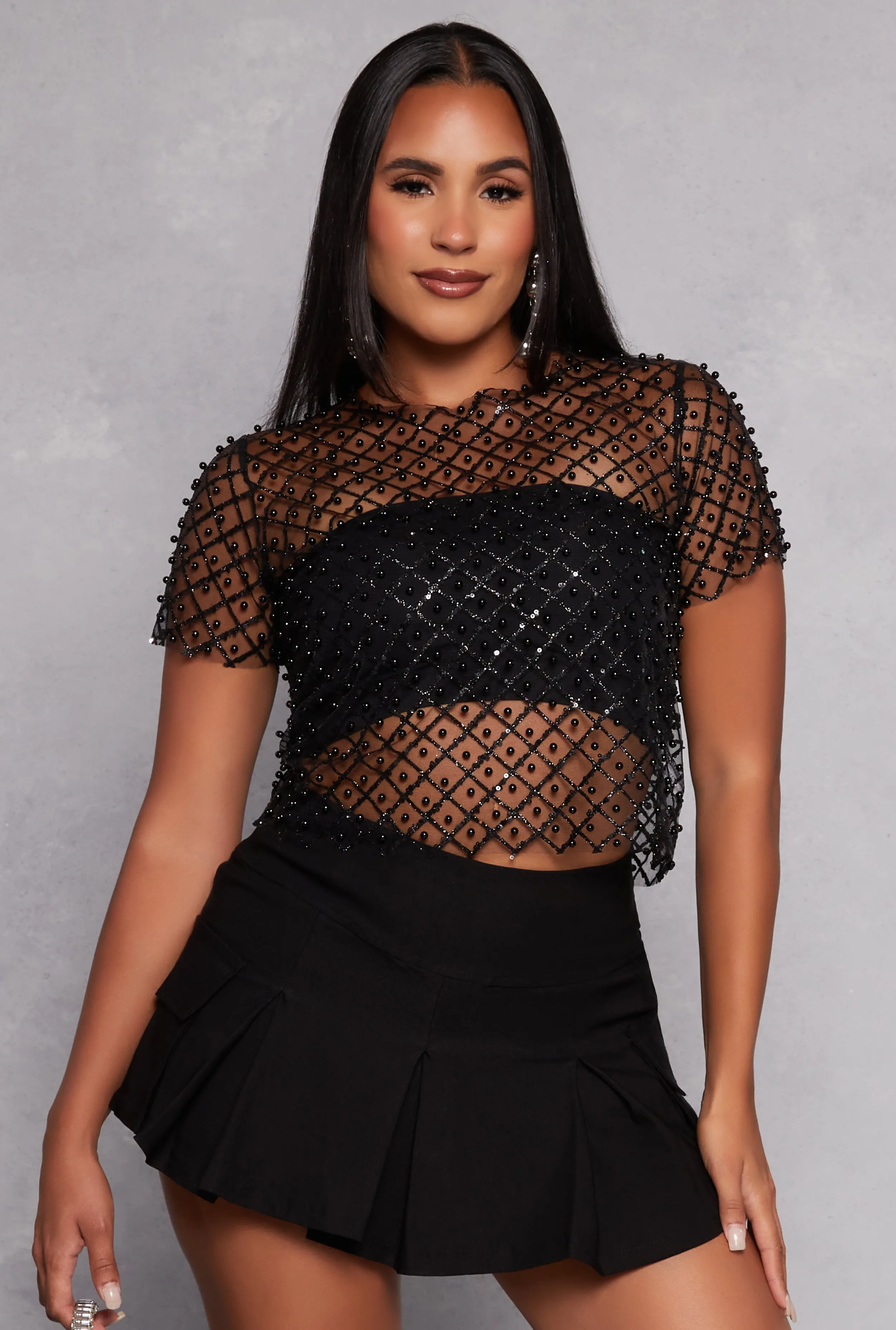 Mesh Faux Pearl Sequin Crop Top sold by Rainbow