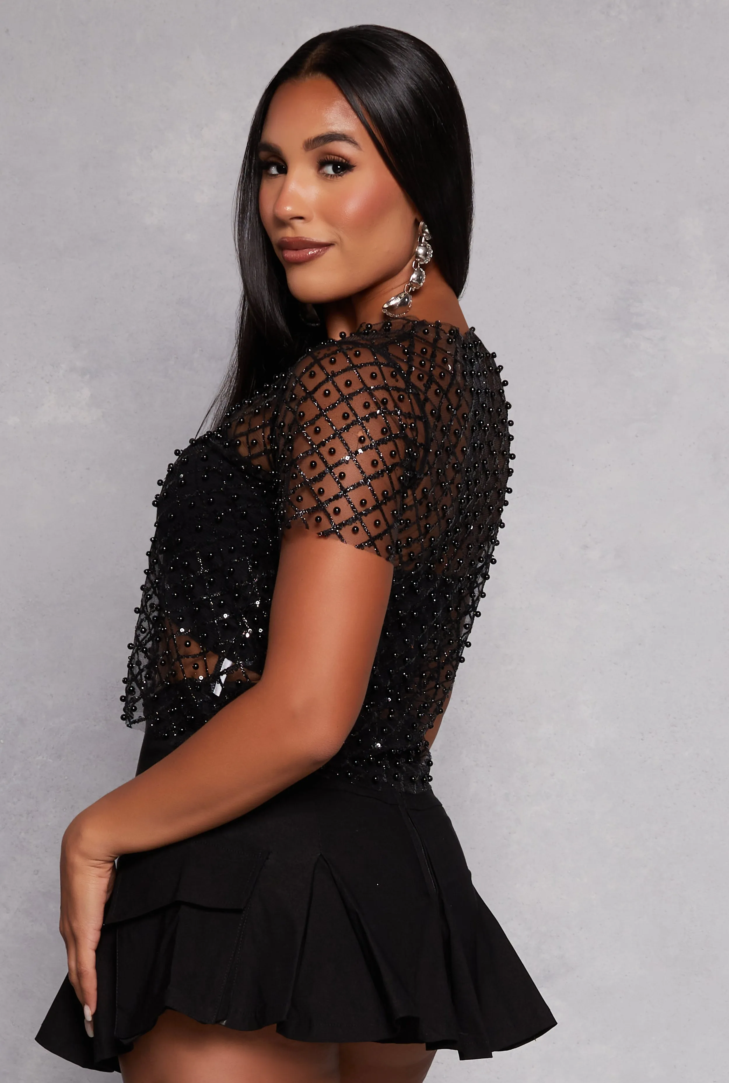 Mesh Faux Pearl Sequin Crop Top sold by Rainbow product image thumbnail 3