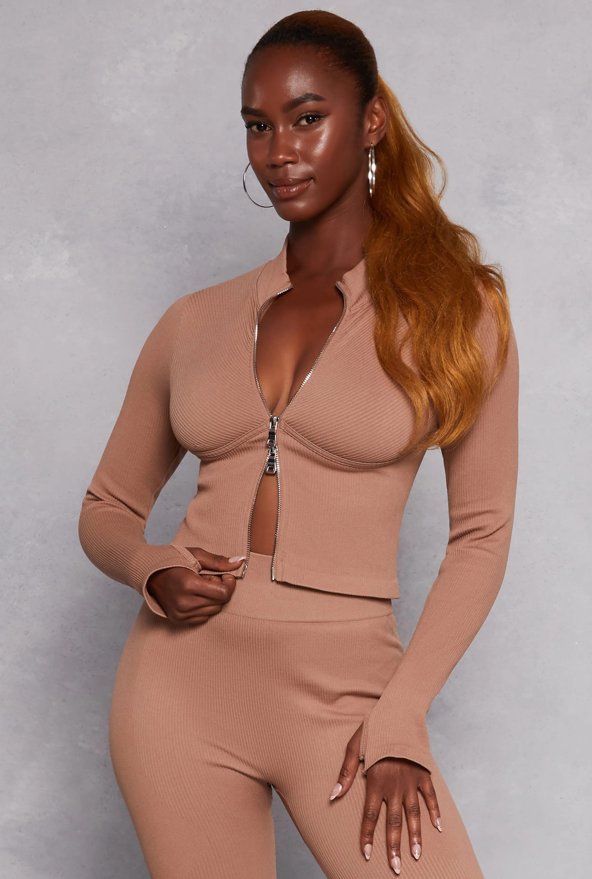 Solid Seamless Zip Front Cropped Track Jacket sold by Rainbow