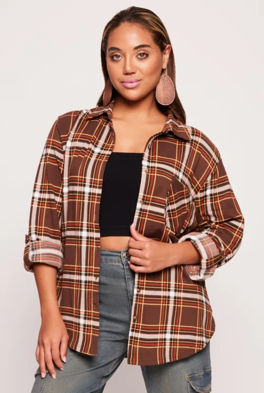 Plaid Button Front Tabbed Sleeve Shirt sold by Rainbow