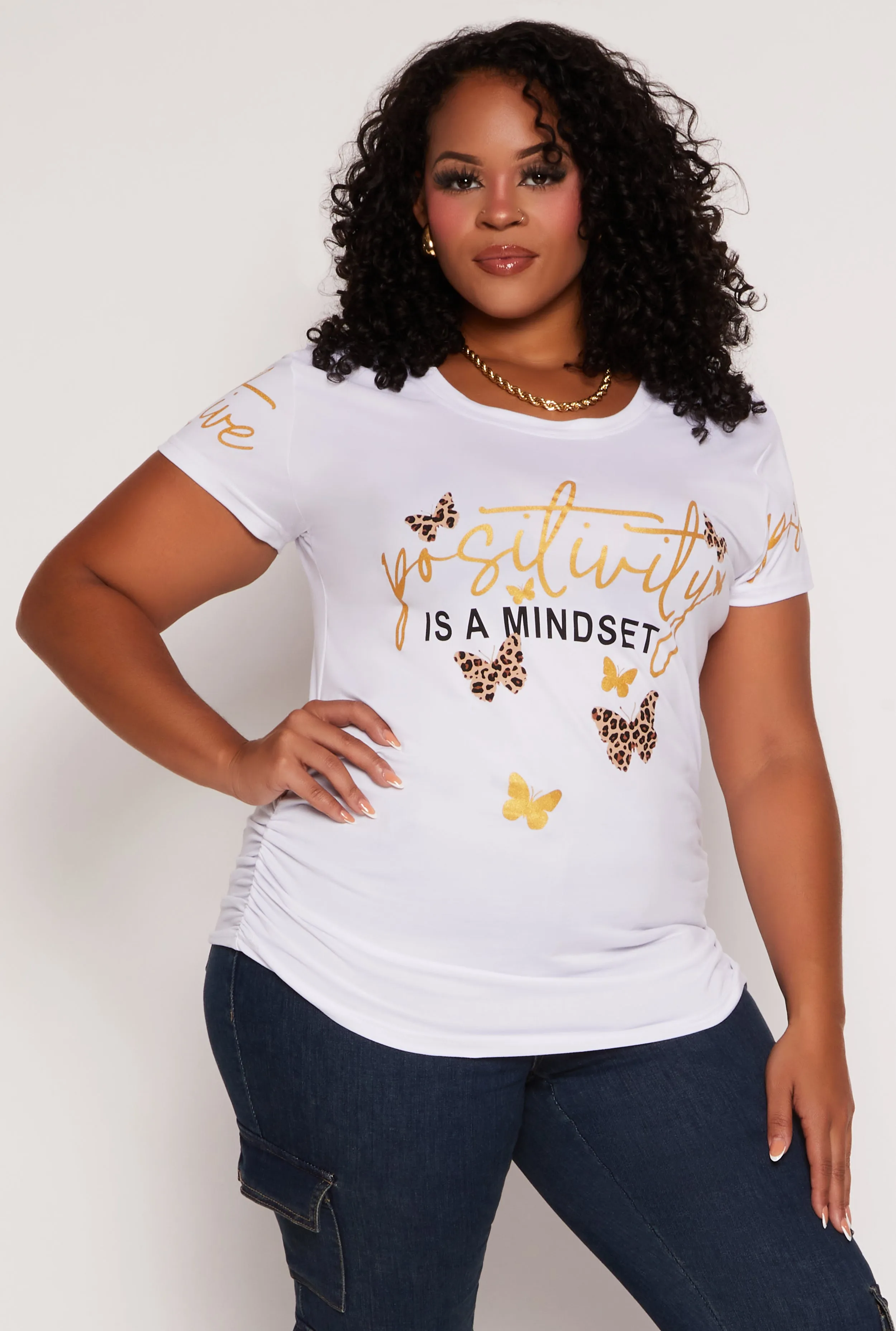 Plus Size Ruched Positivity Graphic T Shirt sold by Rainbow