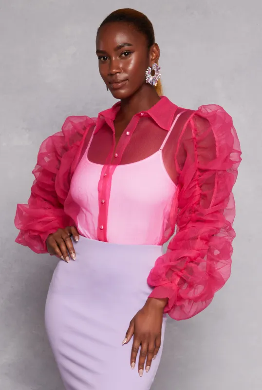 Organza Ruched Puff Sleeve Blouse sold by Rainbow