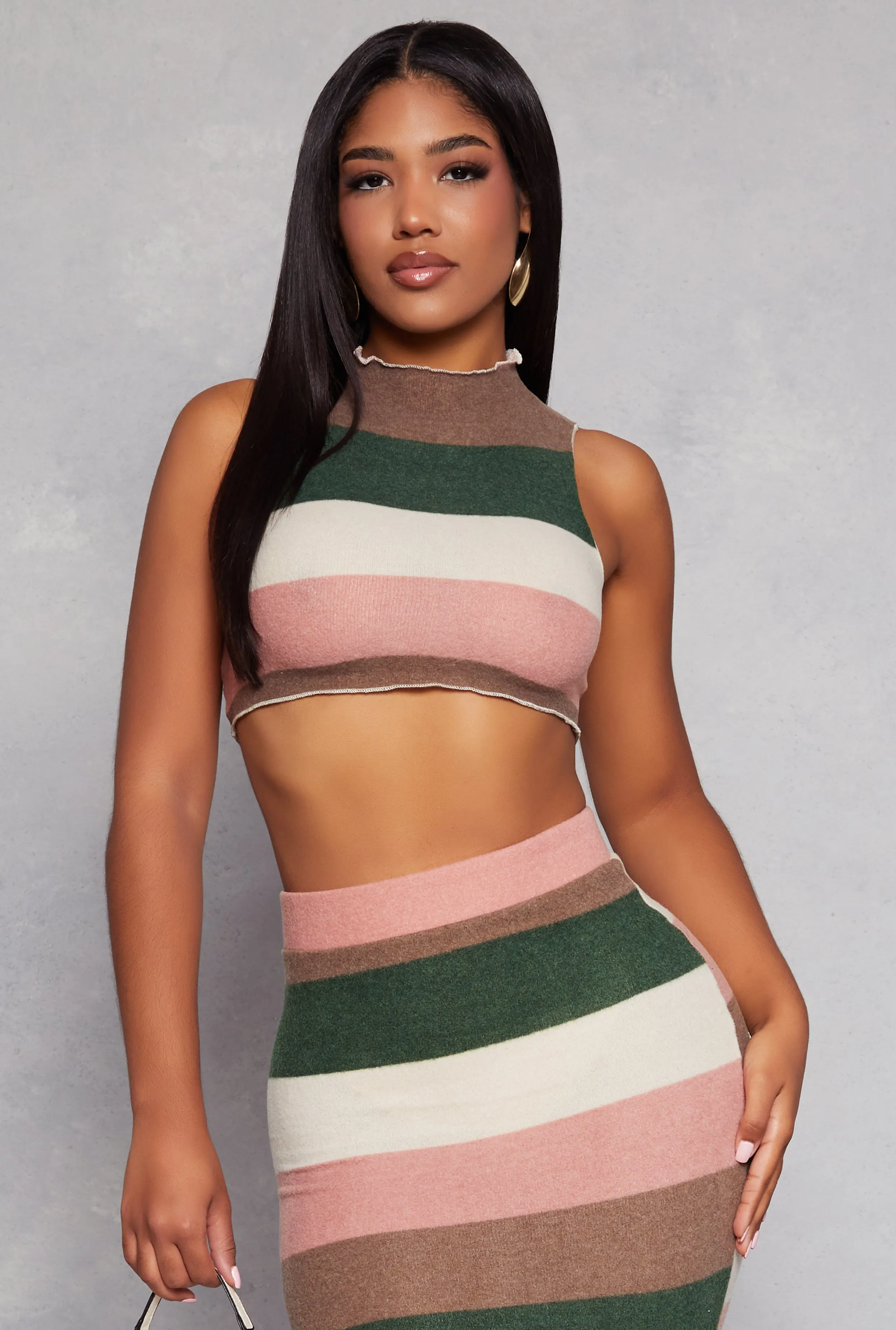 Striped Brush Knit Mock Neck Cropped Tank Top sold by Rainbow