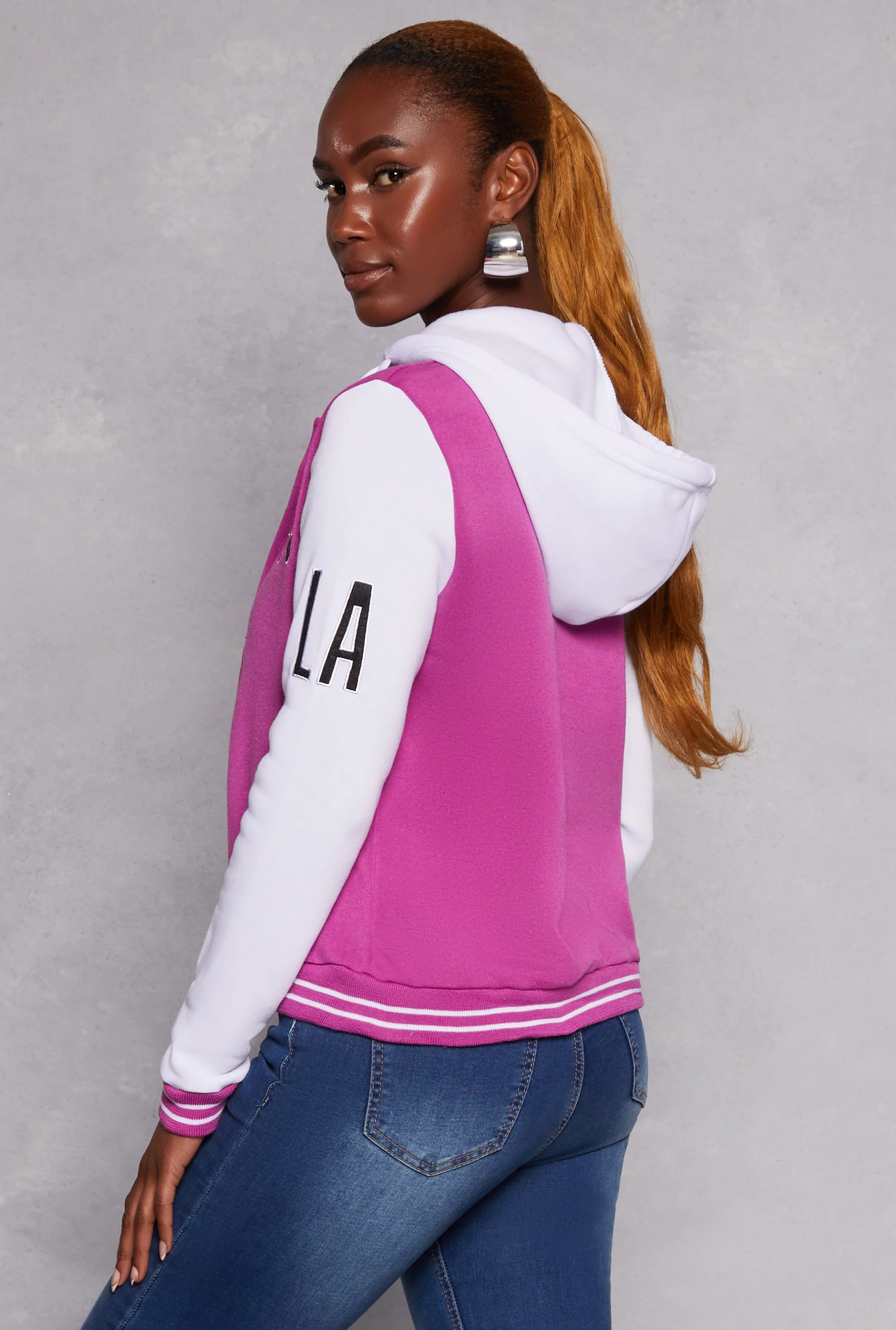 23 LA Graphic Patch Hooded Baseball Jacket sold by Rainbow product image thumbnail 3