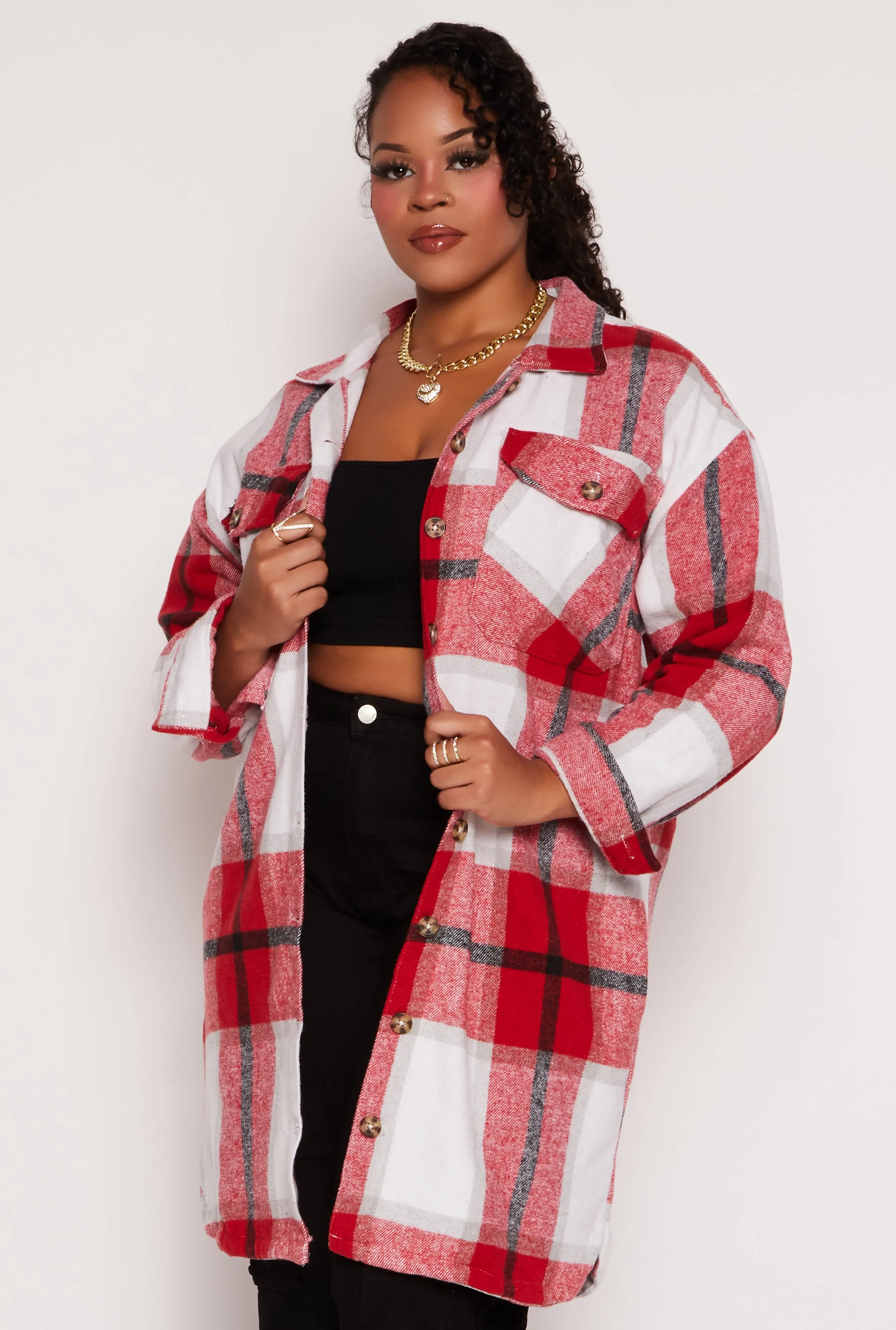 Plus Size Plaid Button Front Long Sleeve Shacket sold by Rainbow
