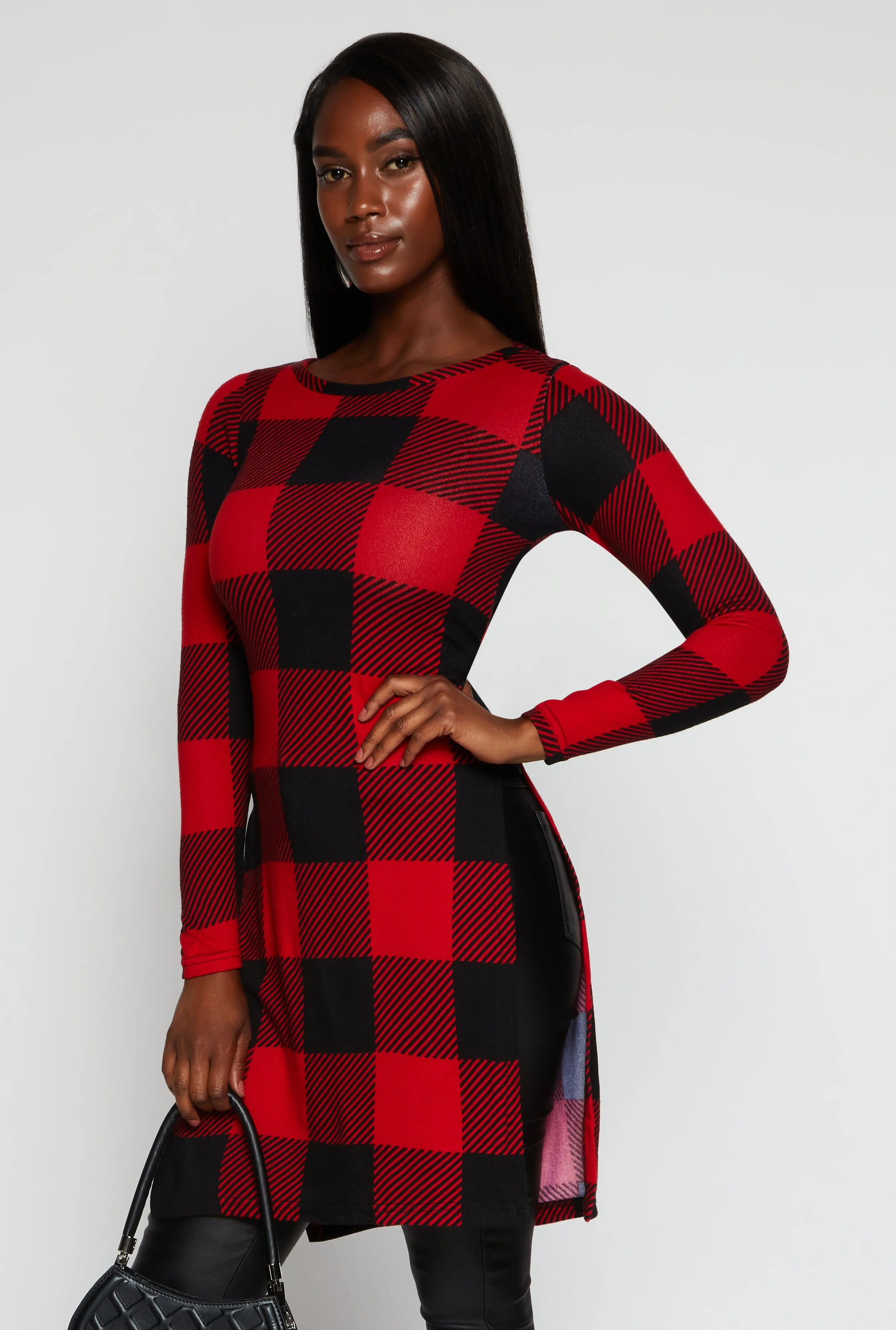 Plaid Long Sleeve Side Slit Tunic Top sold by Rainbow