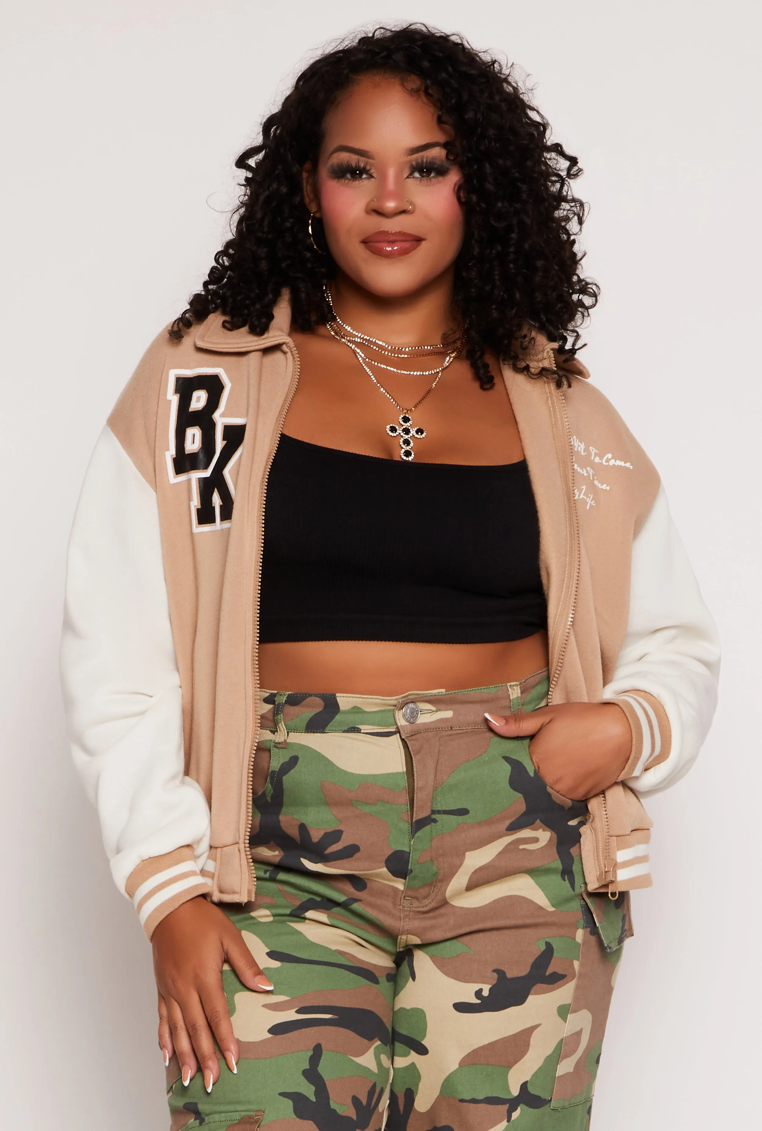 Plus Size BK Graphic Zip Front Letterman Jacket sold by Rainbow