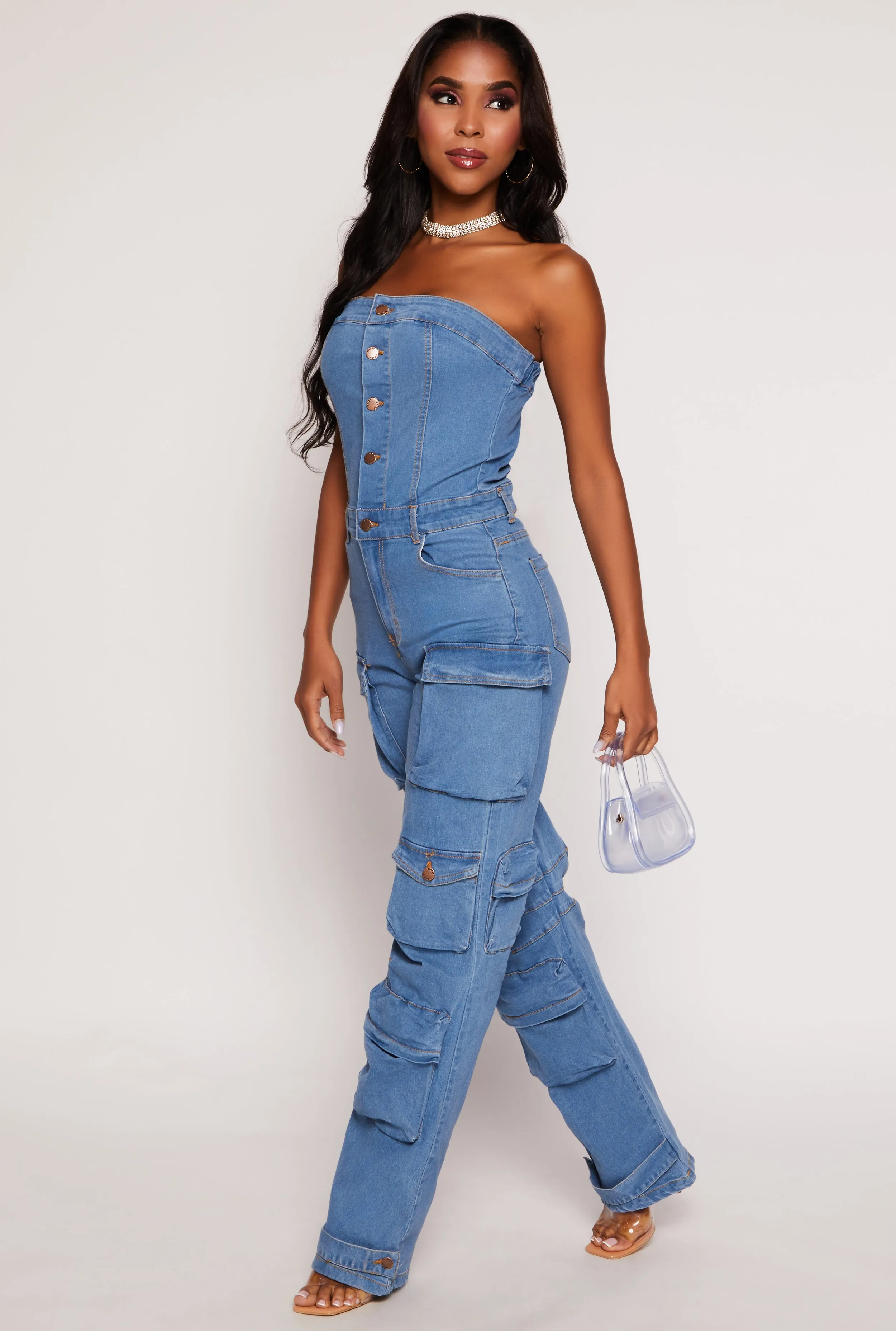 Daisy Denim Strapless Button Front Cargo Jumpsuit sold by Rainbow