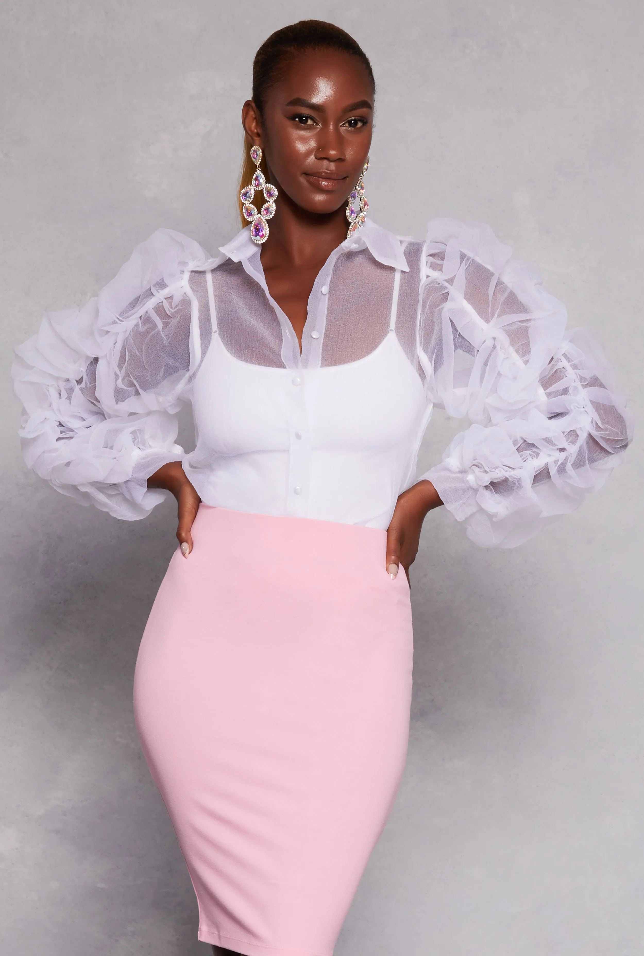 Organza Ruched Puff Sleeve Blouse sold by Rainbow