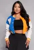 R Initial Chenille Patch Color Block Varsity Jacket sold by Rainbow