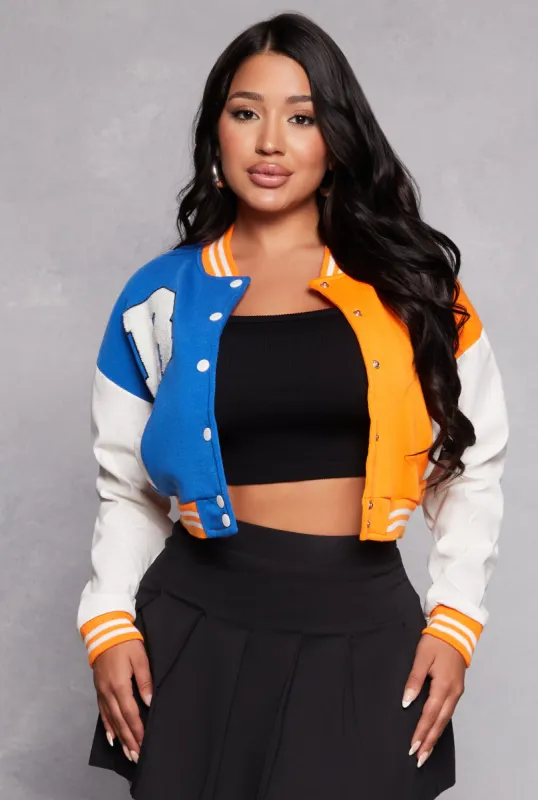 R Initial Chenille Patch Color Block Varsity Jacket sold by Rainbow