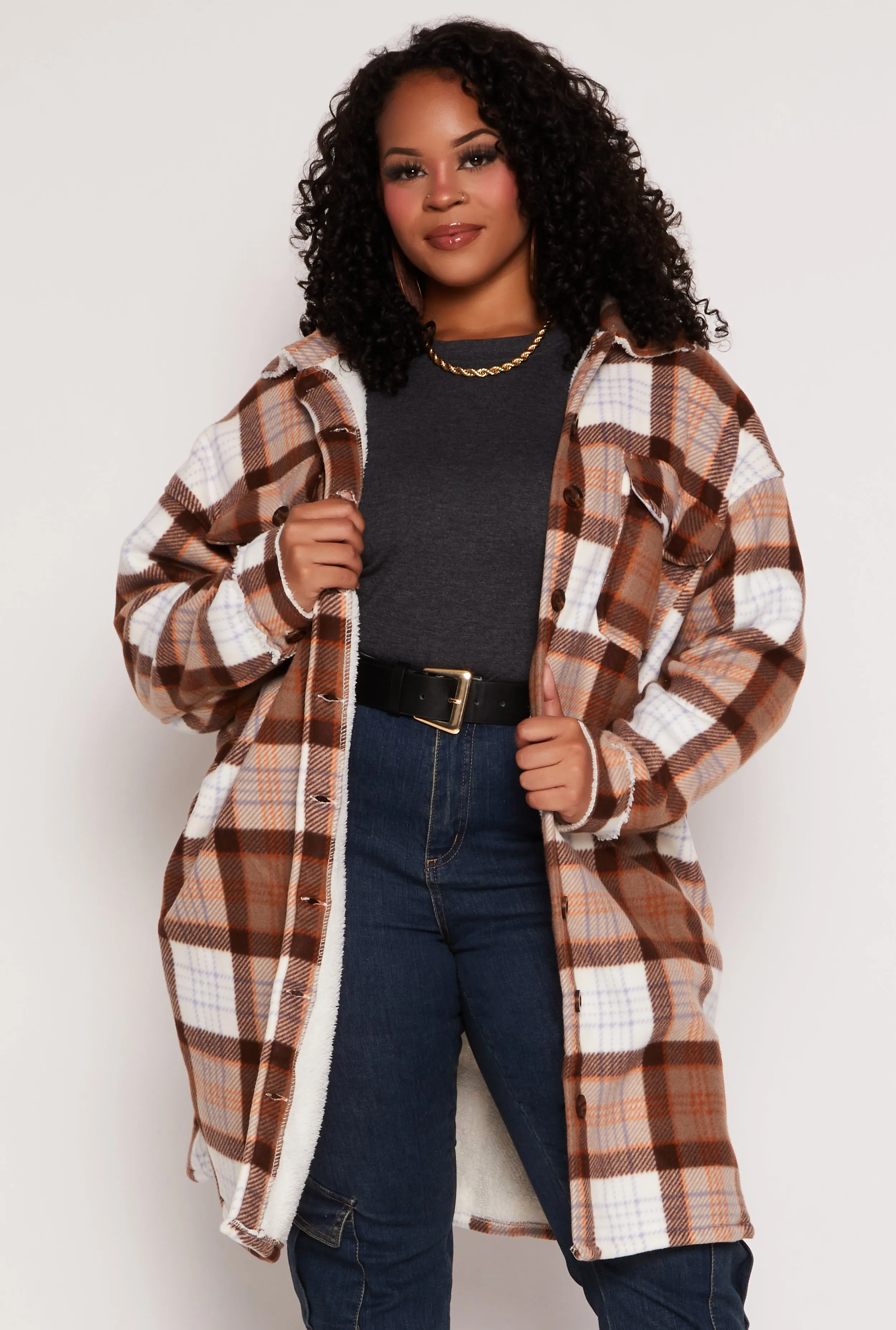 Plus Size Plaid Button Front Long Shacket sold by Rainbow