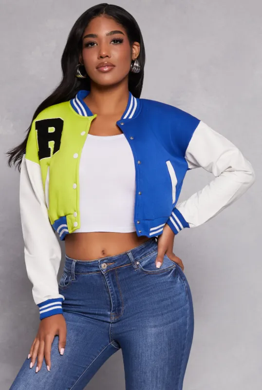 R Initial Chenille Patch Color Block Varsity Jacket sold by Rainbow