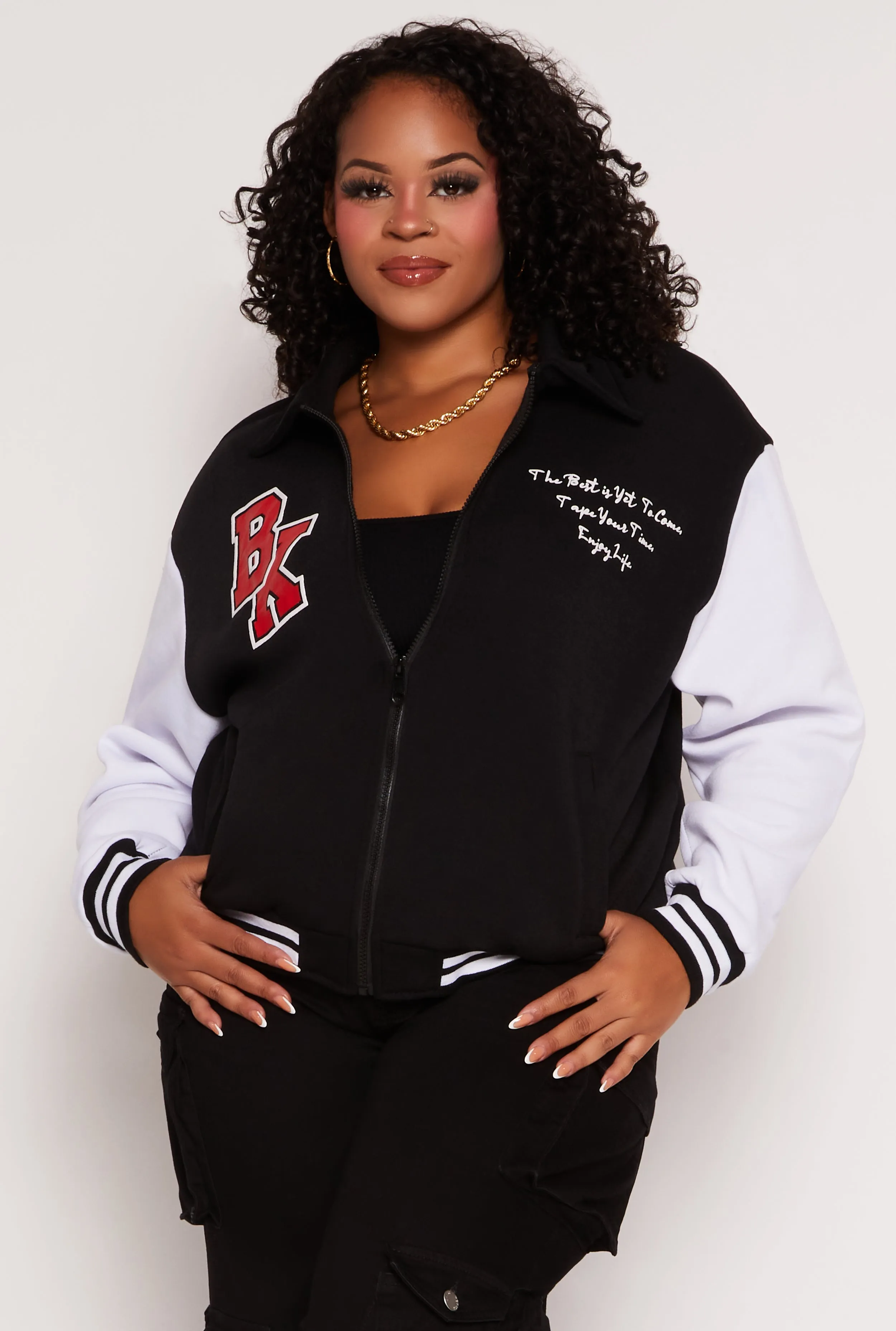 Plus Size BK Graphic Zip Front Letterman Jacket sold by Rainbow