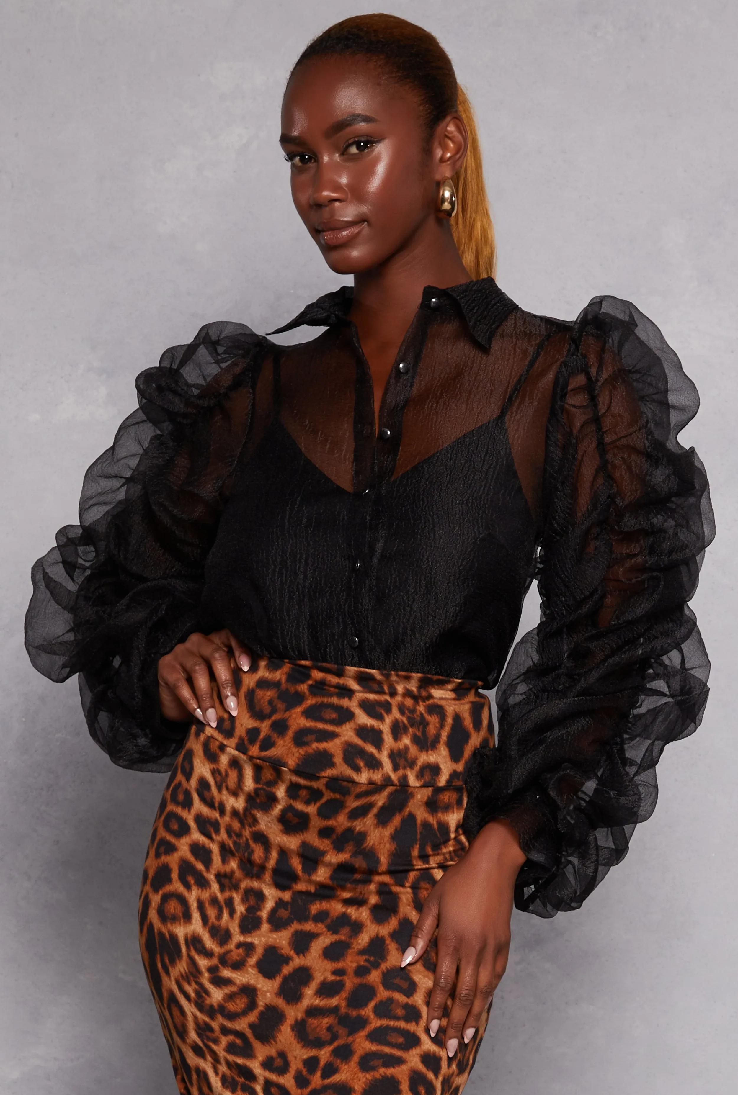 Organza Ruched Puff Sleeve Blouse sold by Rainbow
