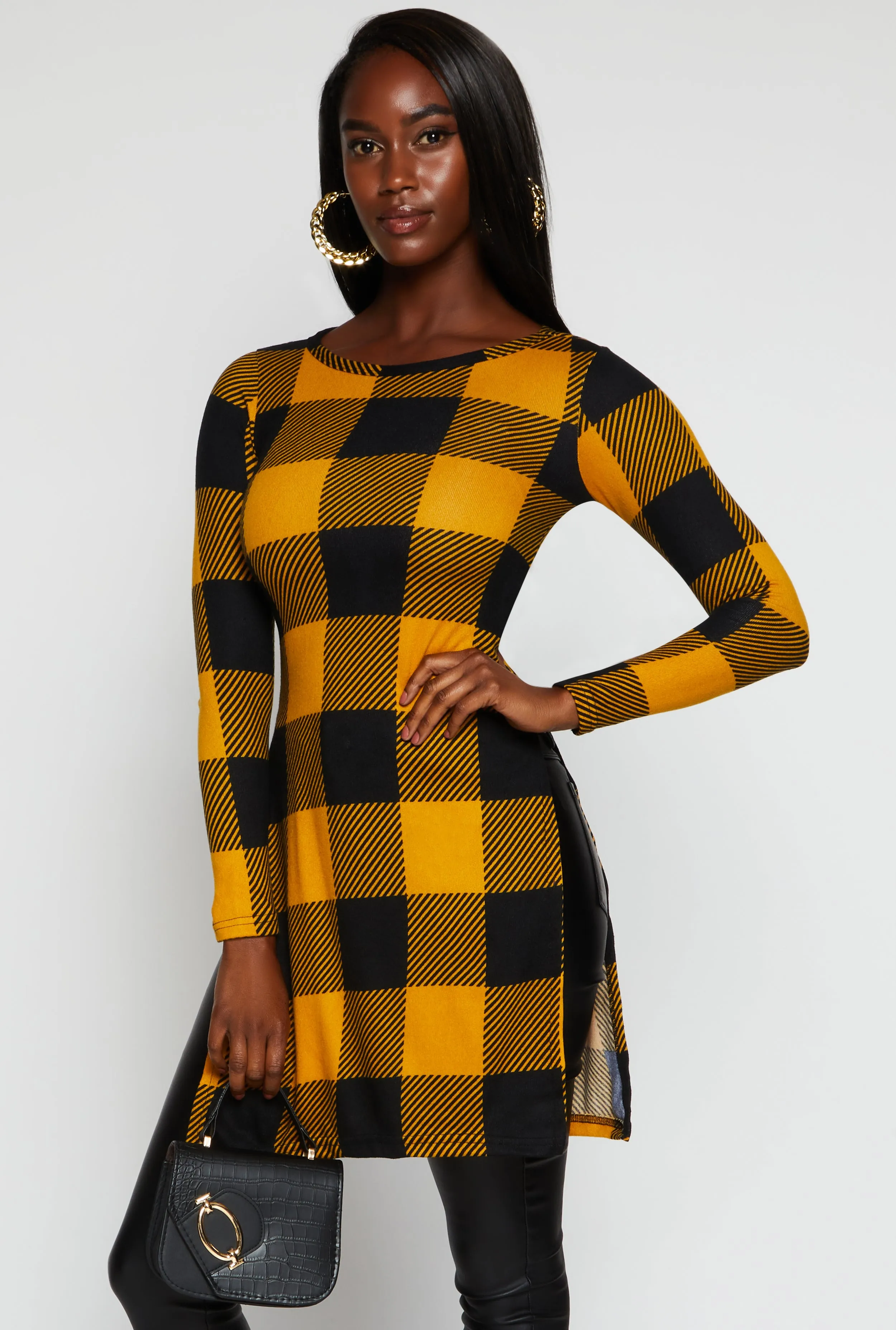 Plaid Long Sleeve Side Slit Tunic Top sold by Rainbow