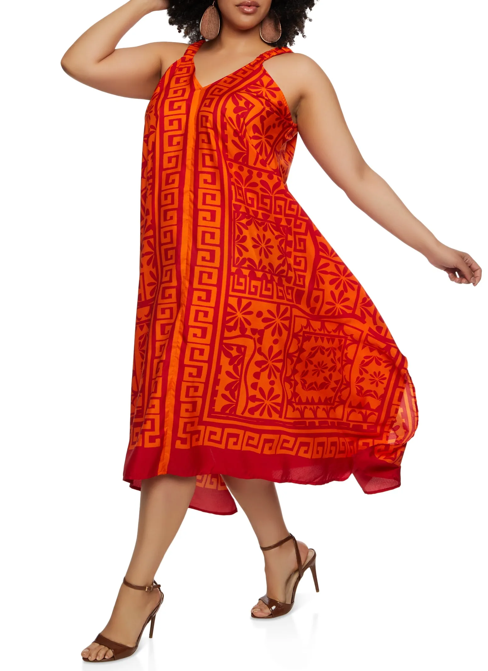 Plus Size Greek Key Floral Print Midi Dress sold by Rainbow