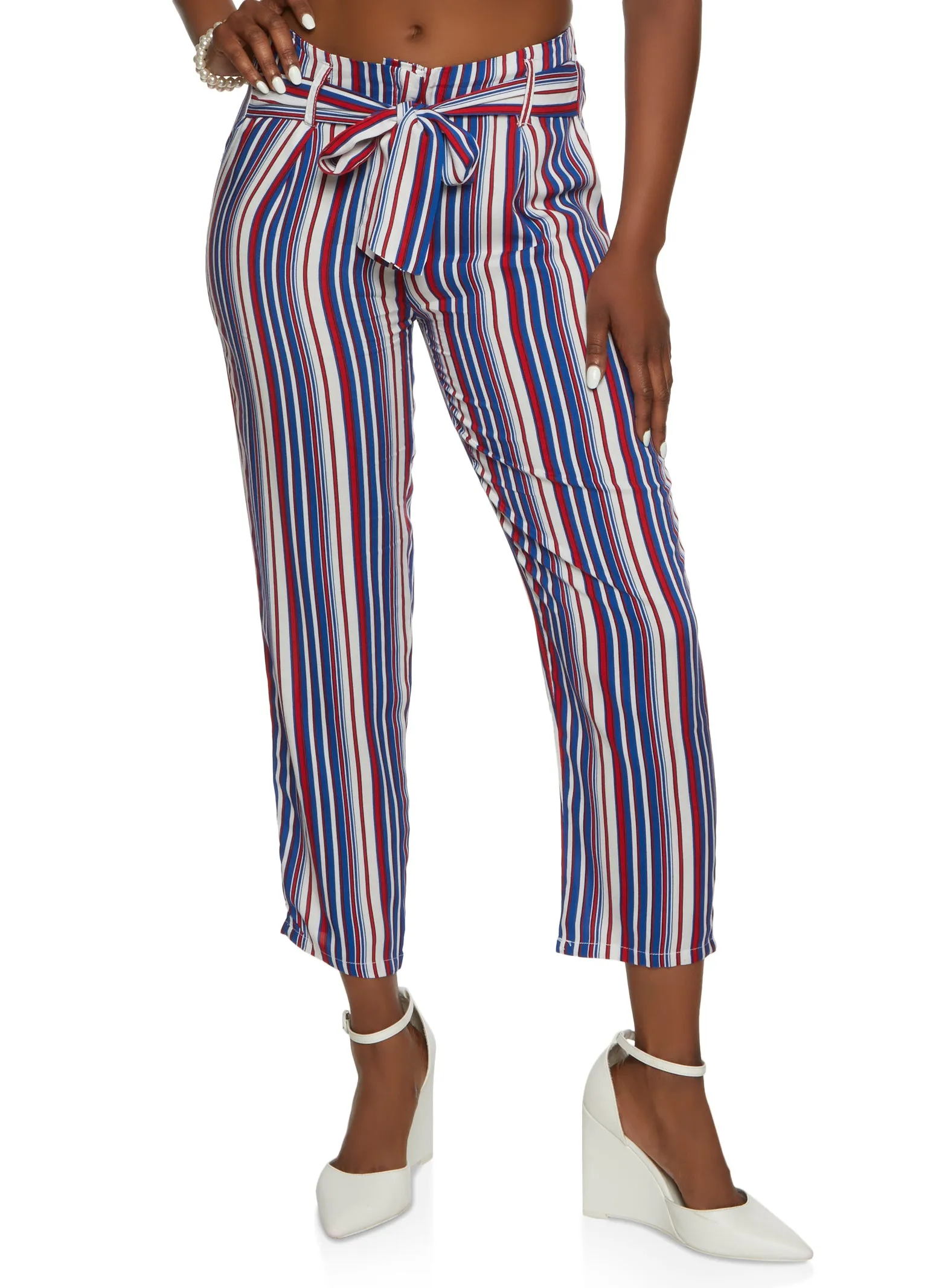 Striped Tie Front Waist Ankle Pants sold by Rainbow