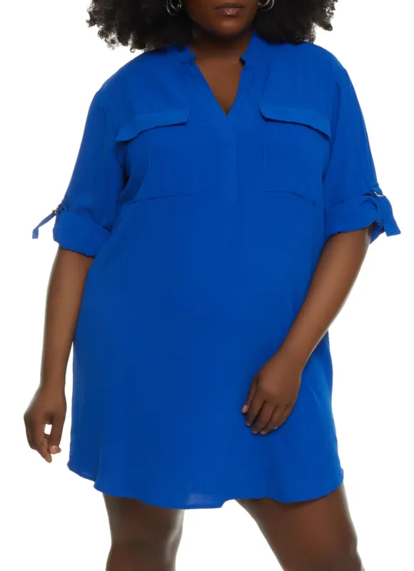 Plus Size Flap Pocket Tabbed Sleeve Shirt Dress sold by Rainbow