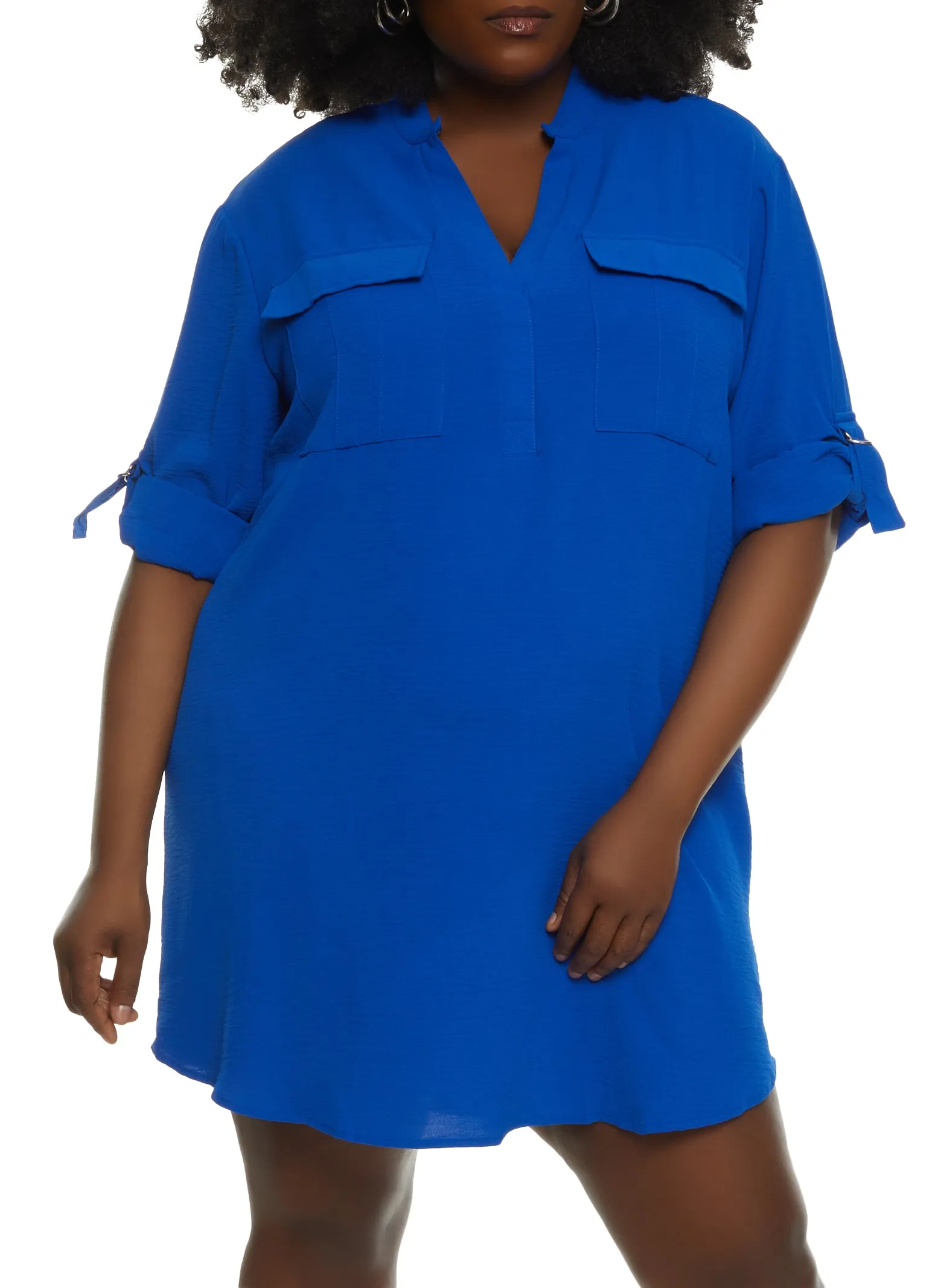 Plus Size Flap Pocket Tabbed Sleeve Shirt Dress sold by Rainbow