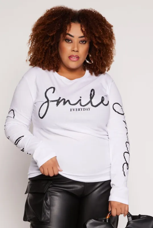Plus Size Smile Everyday Sequin Graphic Top sold by Rainbow