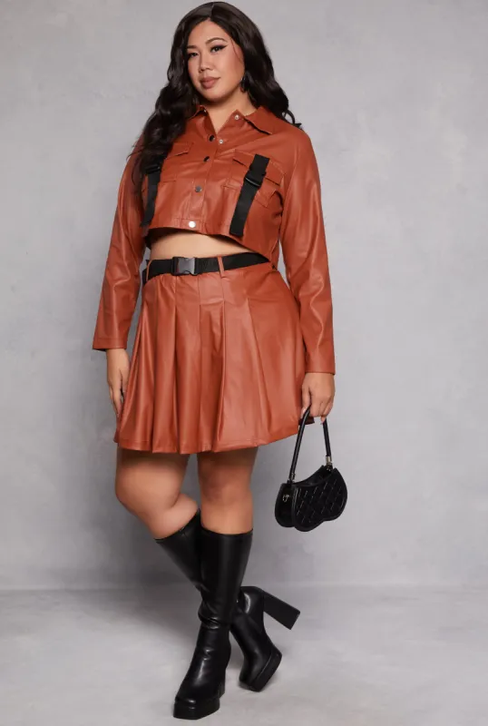 Plus Size Belted Faux Leather Pleated Skirt sold by Rainbow