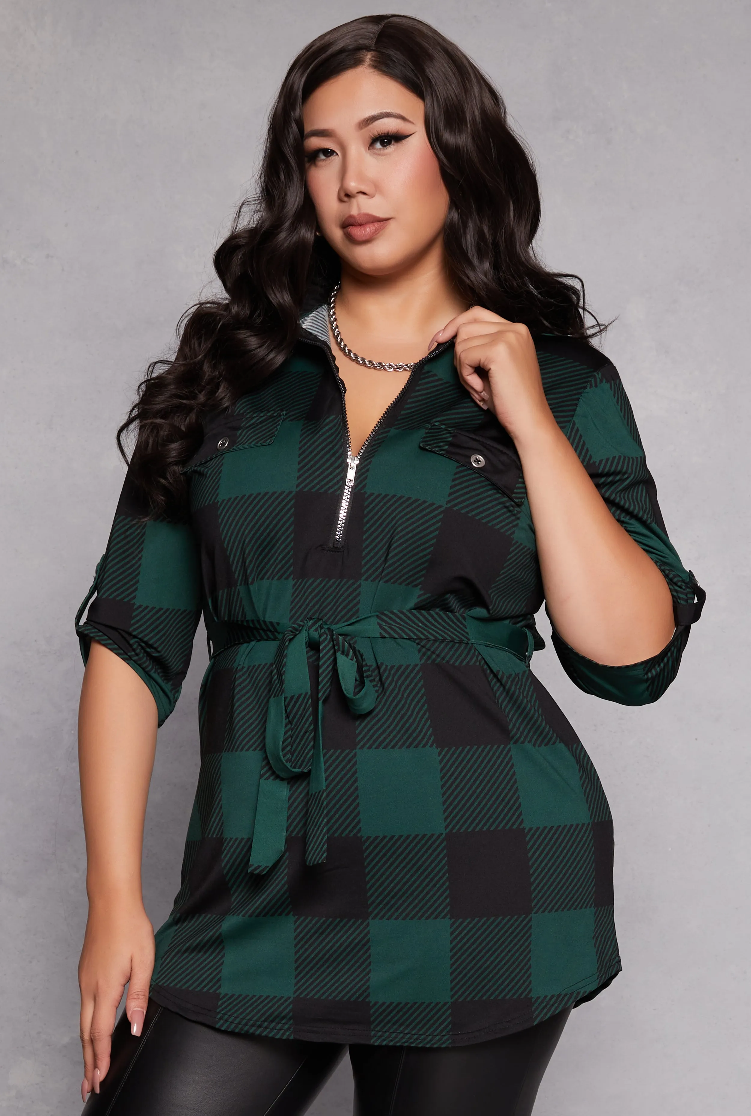 Plus Size Buffalo Plaid Half Zip Tunic Top sold by Rainbow