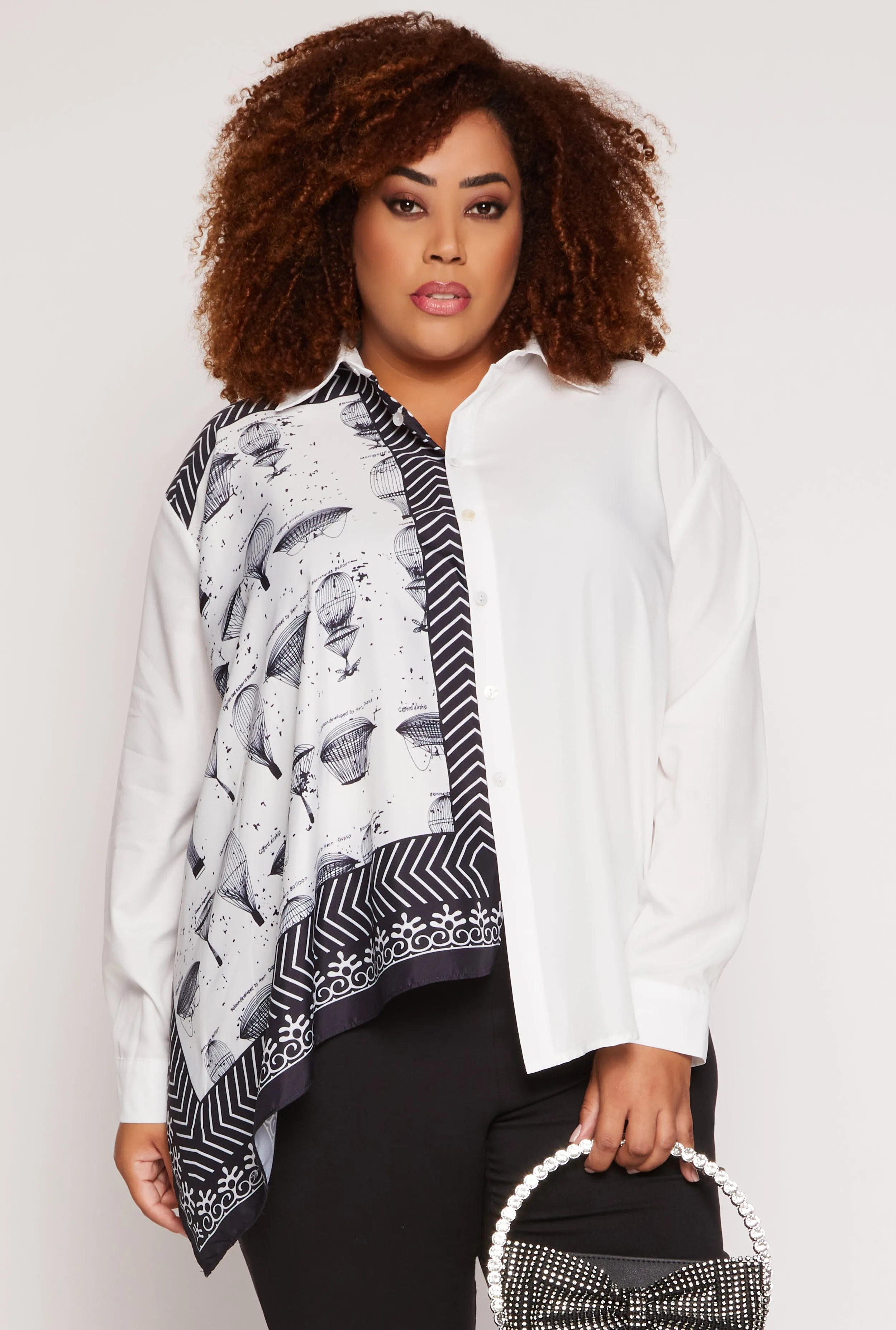 Plus Size Half Print Button Front Long Sleeve Shirt sold by Rainbow