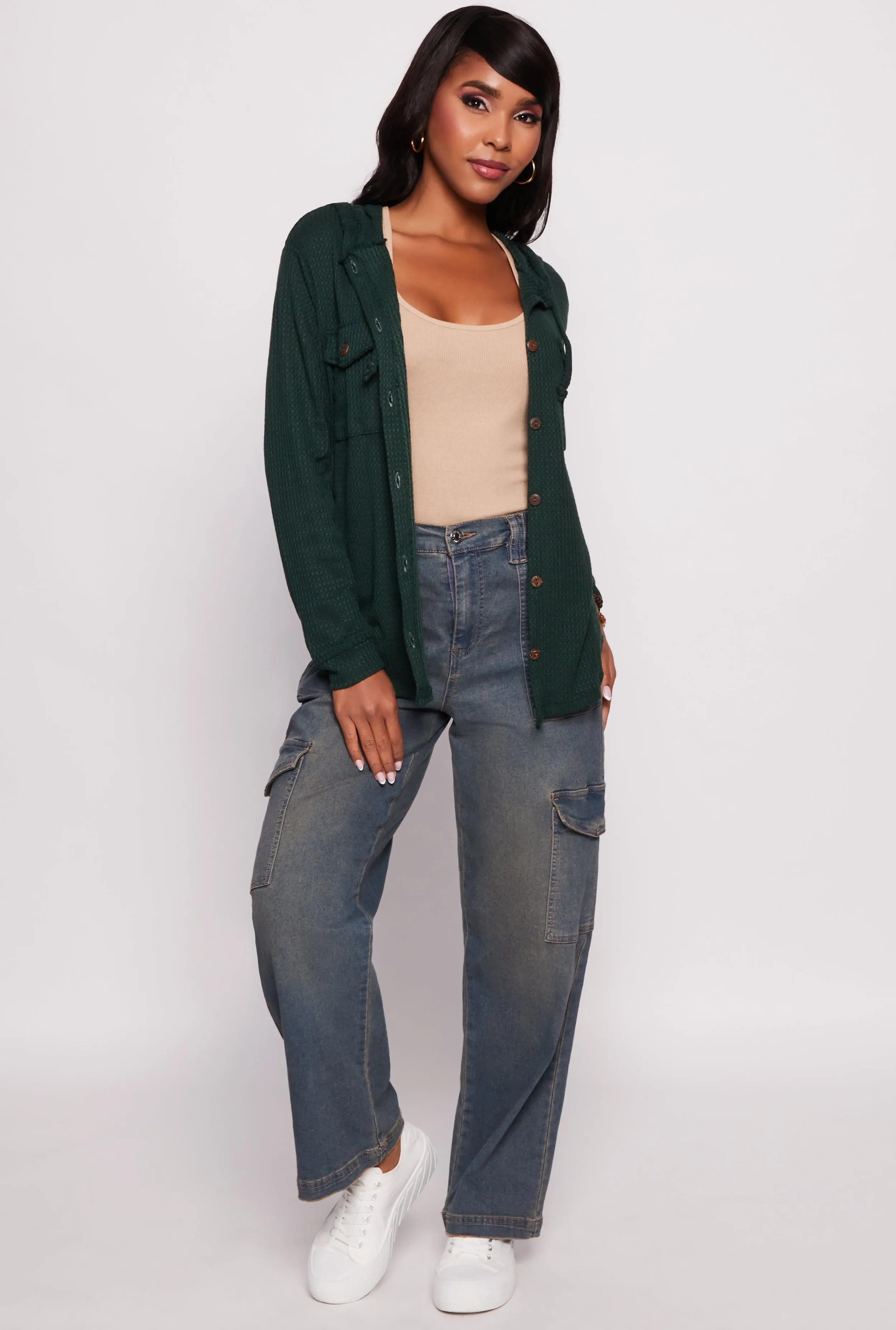 Hooded Waffle Knit Button Front Shirt sold by Rainbow product image thumbnail 2