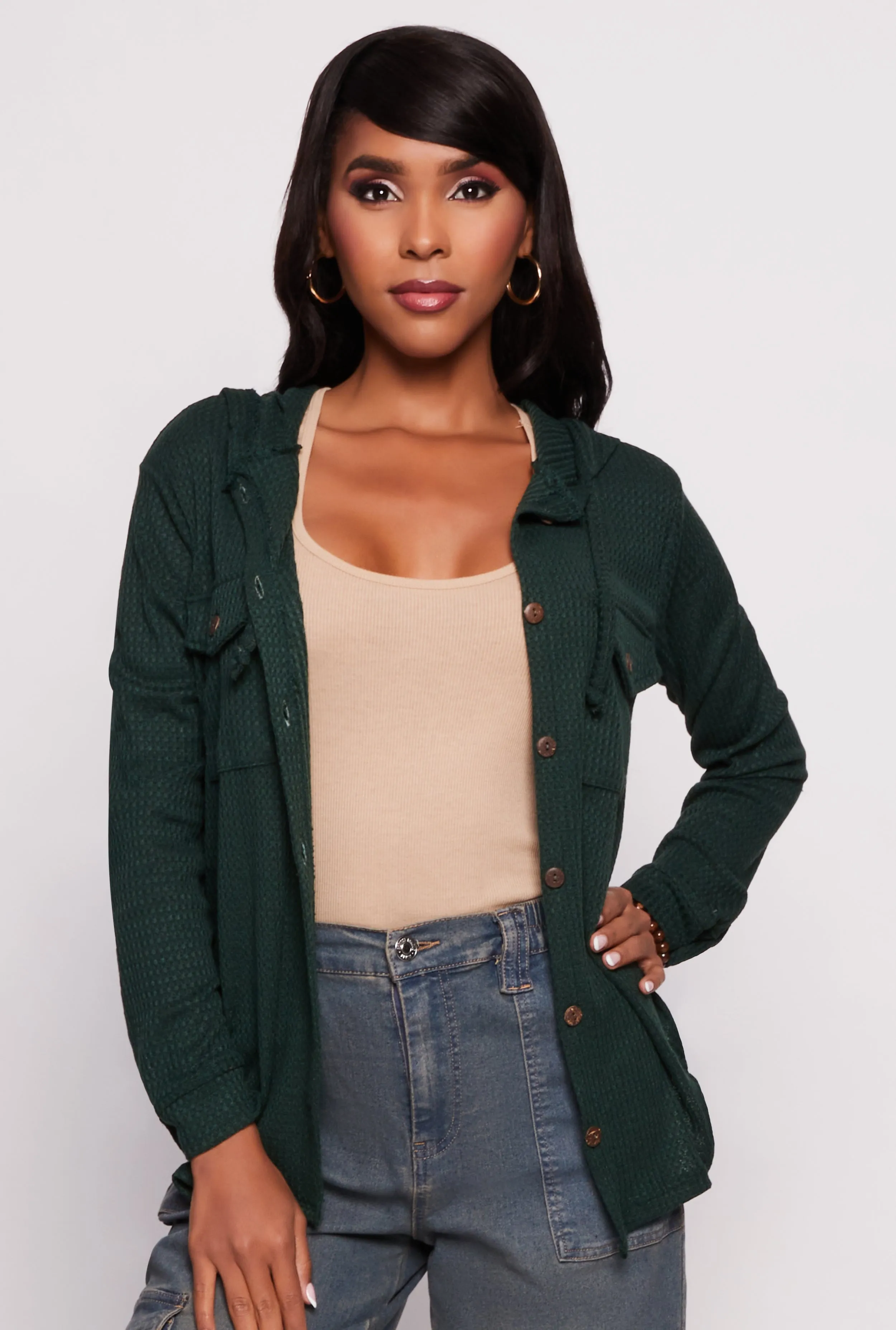 Hooded Waffle Knit Button Front Shirt sold by Rainbow