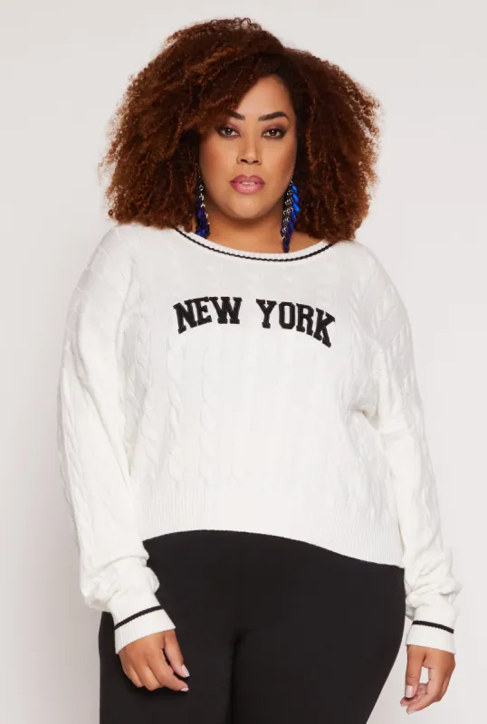 Plus Size Almost Famous New York Cable Knit Graphic Sweater sold by Rainbow