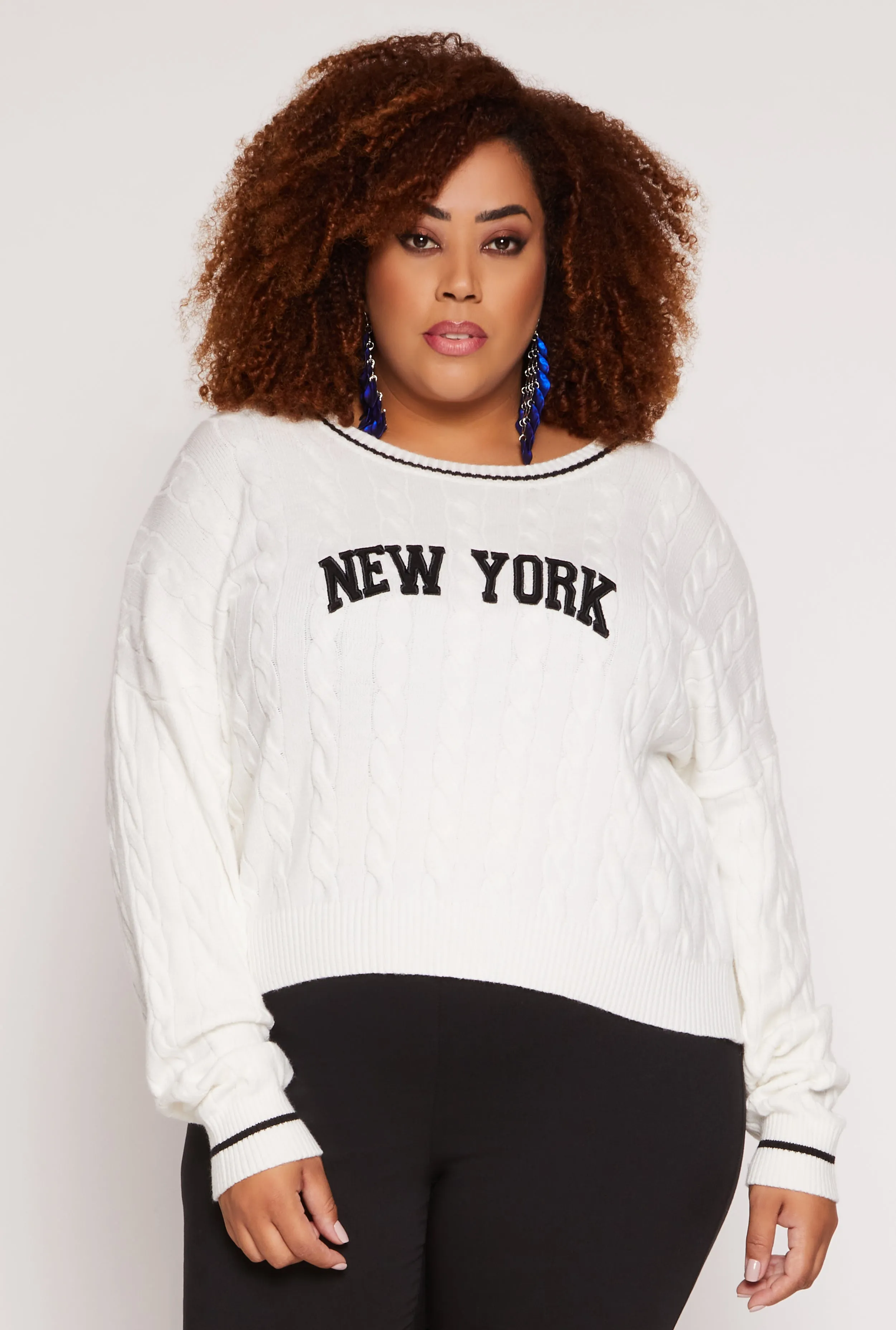 Plus Size Almost Famous New York Cable Knit Graphic Sweater sold by Rainbow