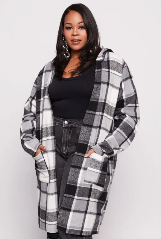 Plus Size Plaid Open Front Hooded Coat sold by Rainbow