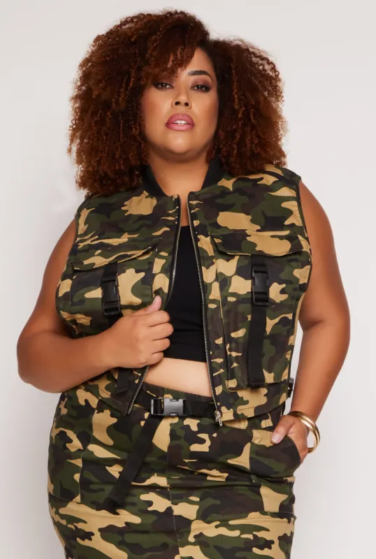 Plus Size Camo Release Buckle Flap Pocket Vest sold by Rainbow