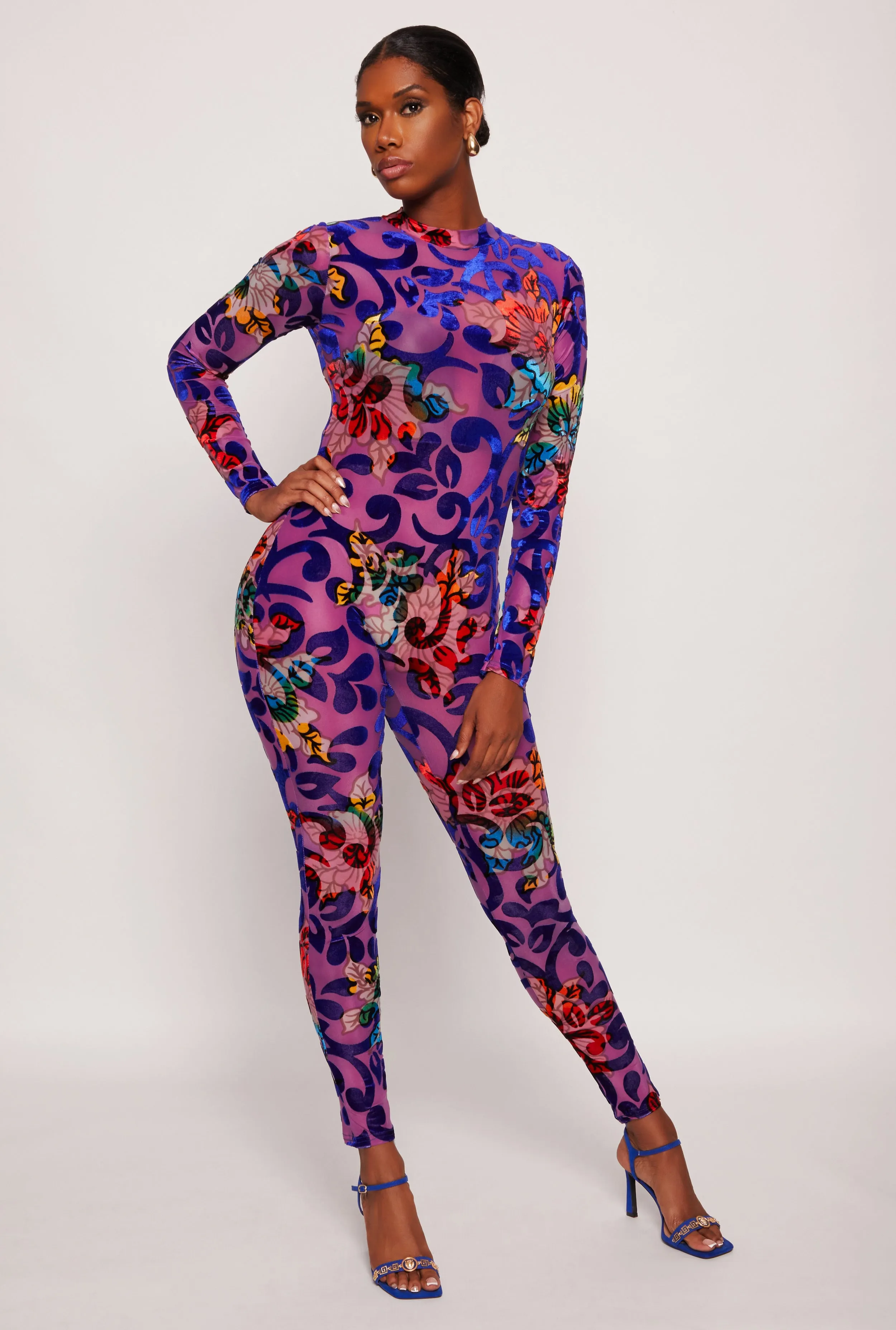 Floral Velvet Burnout Mesh Catsuit sold by Rainbow product image thumbnail 2