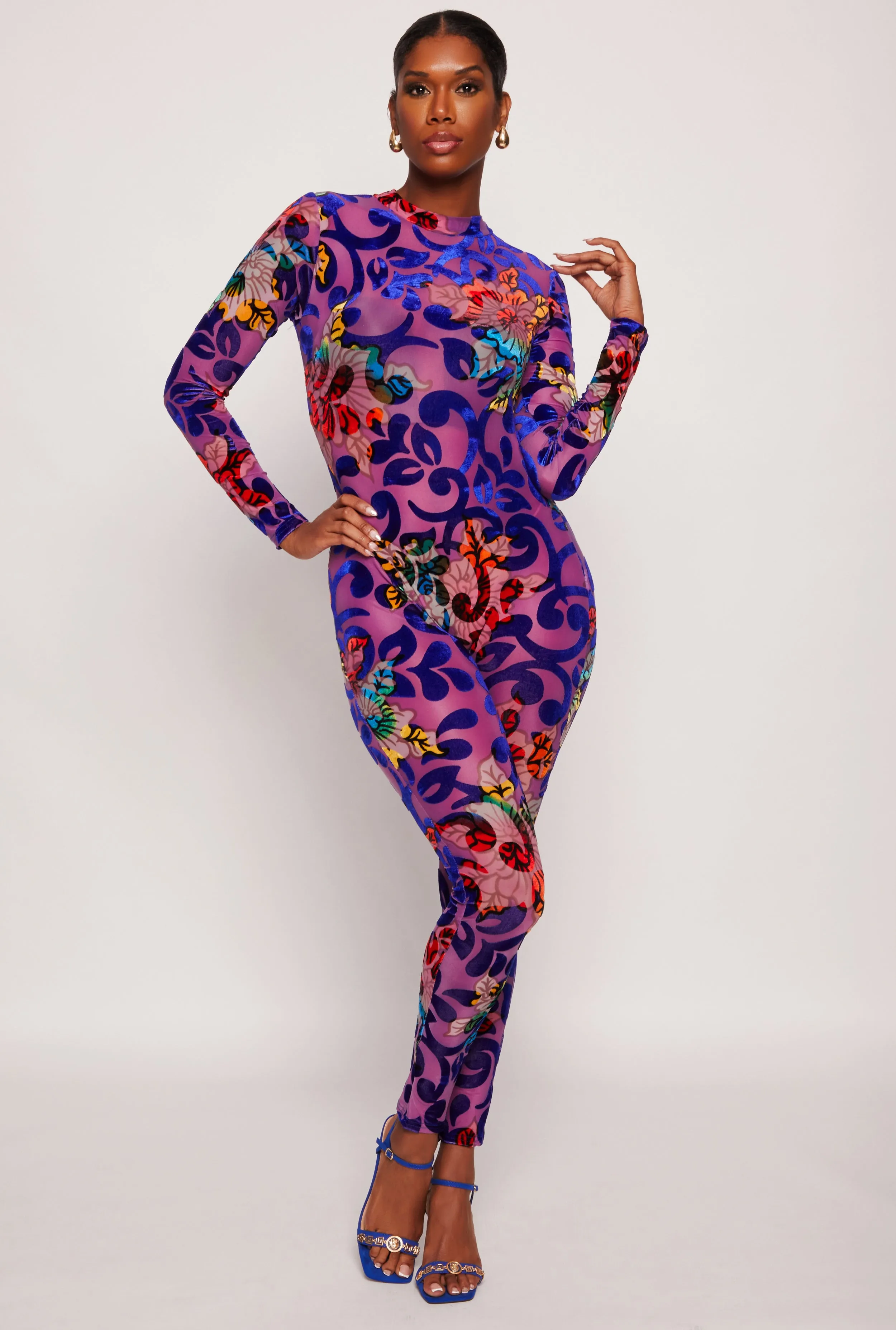 Floral Velvet Burnout Mesh Catsuit sold by Rainbow