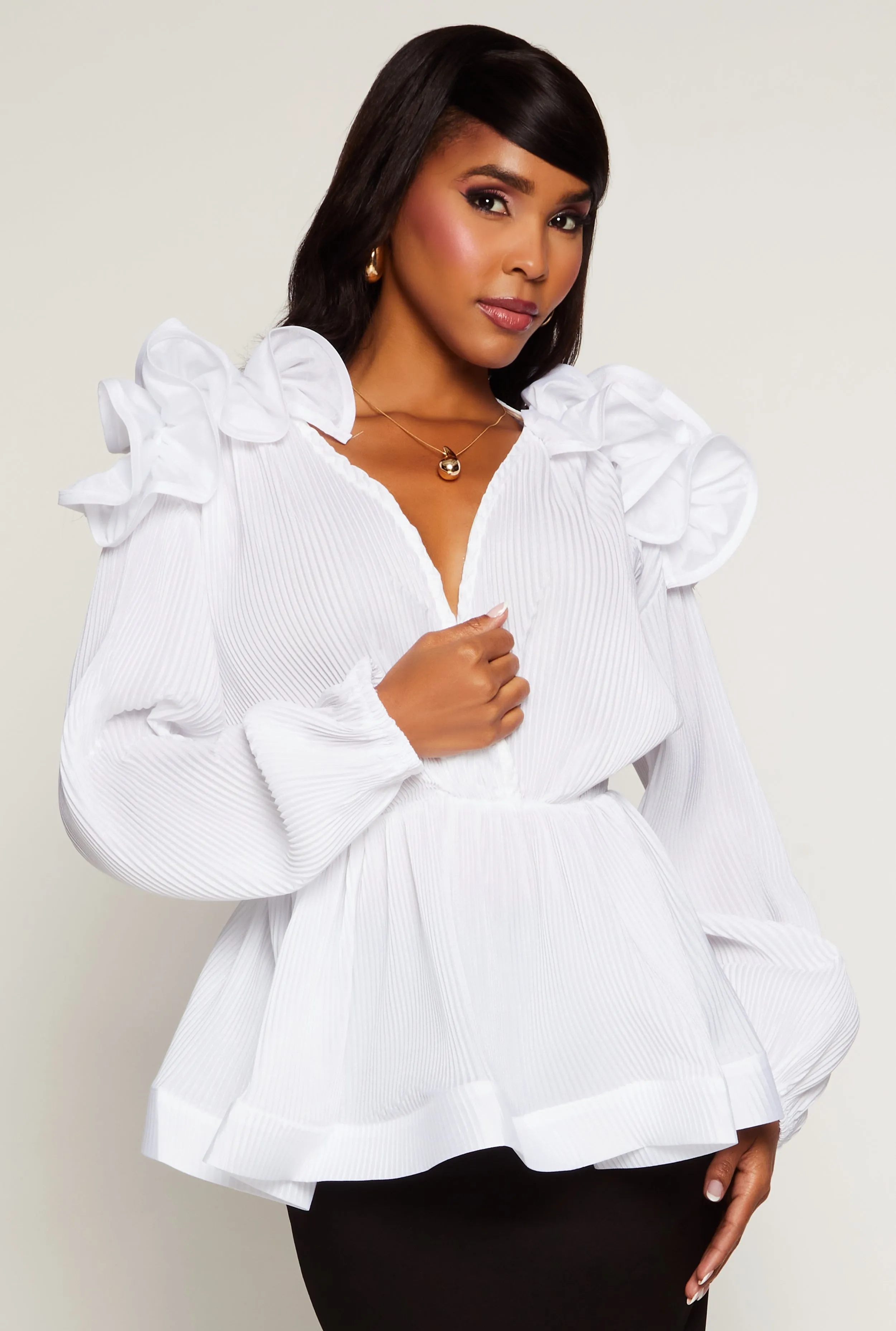 Plisse Abstract Sleeve Detail Peplum Blouse sold by Rainbow