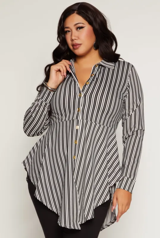 Plus Size Striped Button Front Hanky Hem Shirt sold by Rainbow