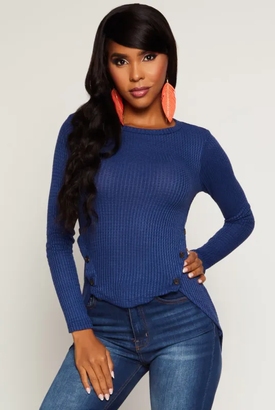 Waffle Knit Side Button High Low Top sold by Rainbow