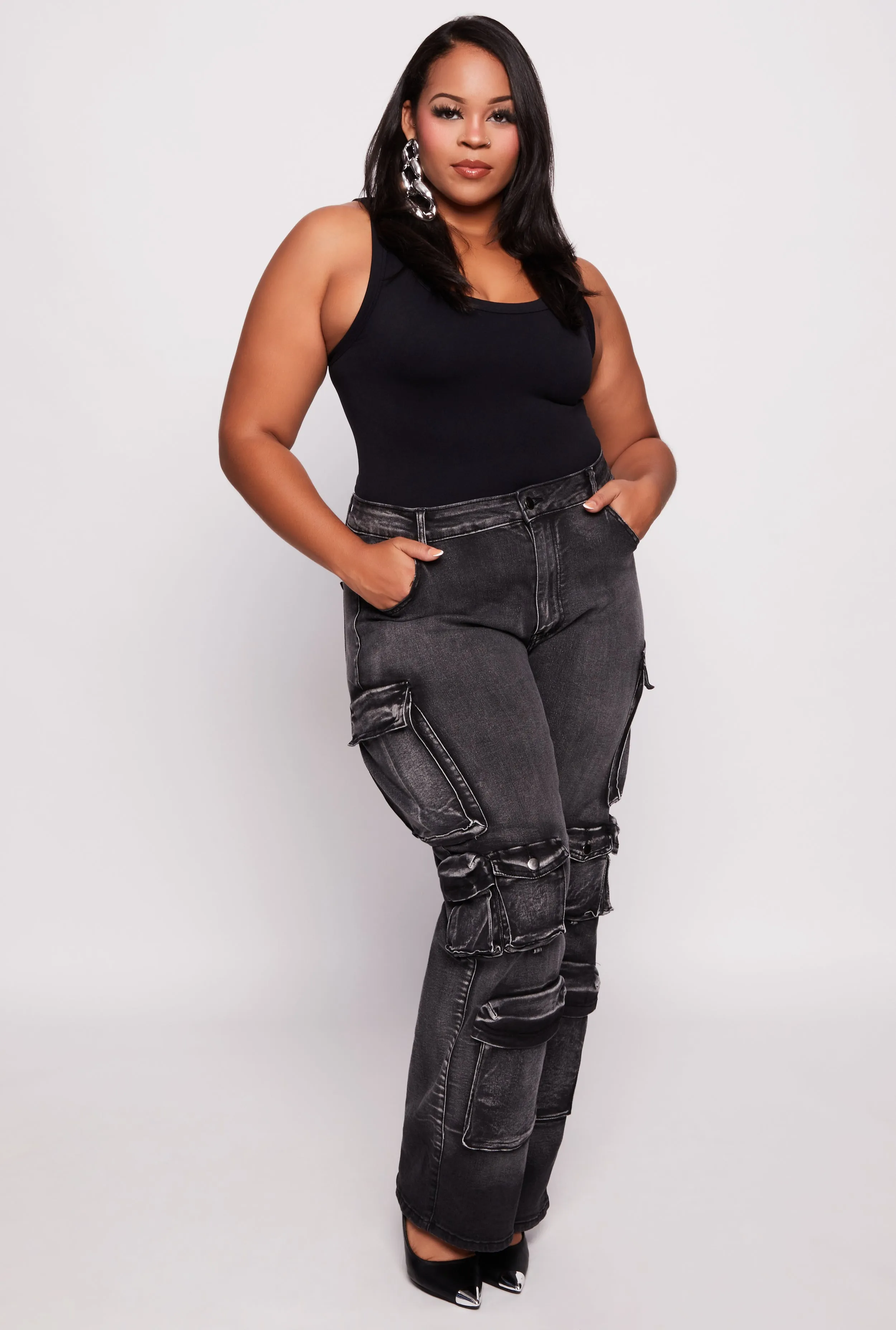 Plus Size Acid Wash Wide Leg Cargo Jeans sold by Rainbow