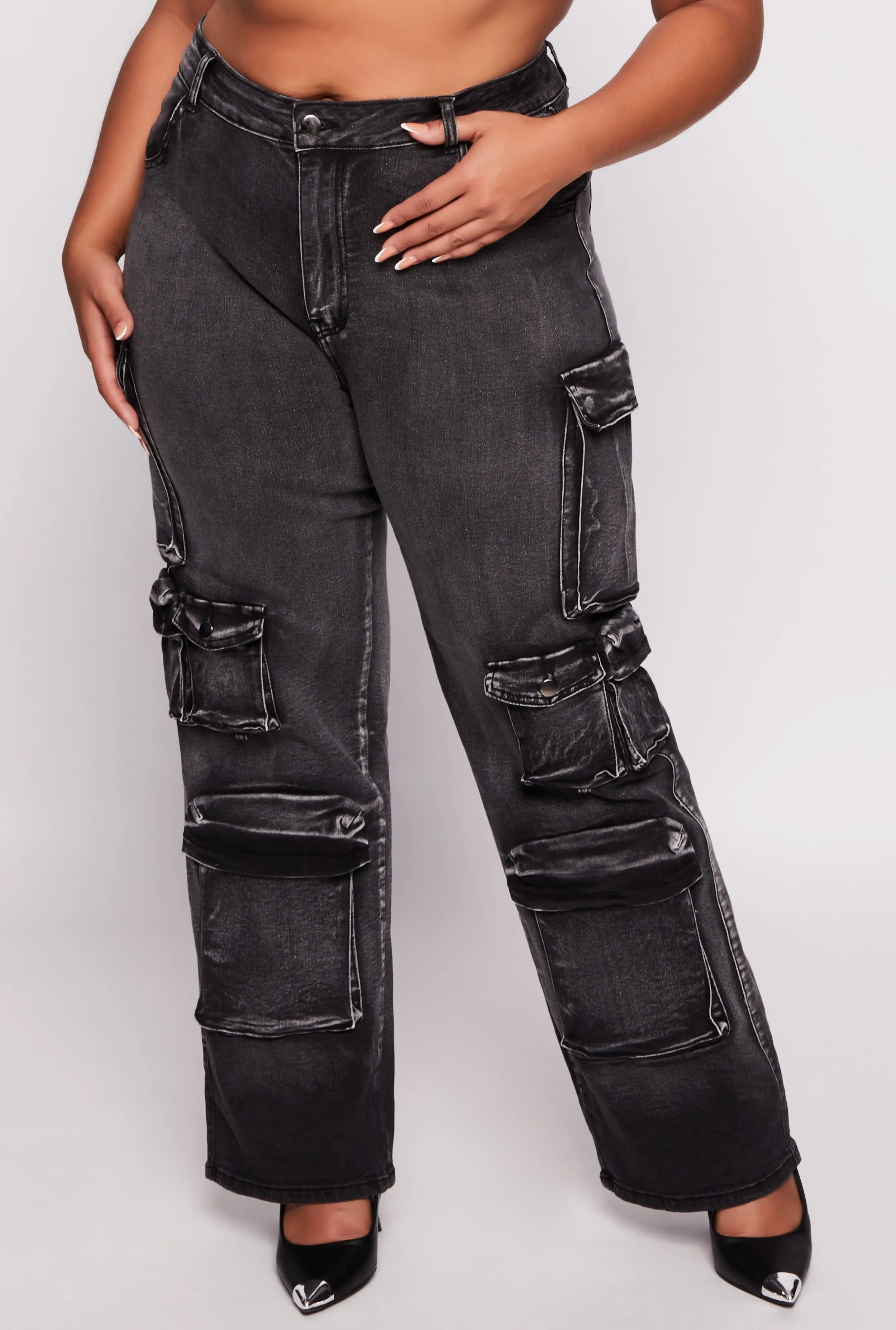 Plus Size Acid Wash Wide Leg Cargo Jeans sold by Rainbow product image thumbnail 2