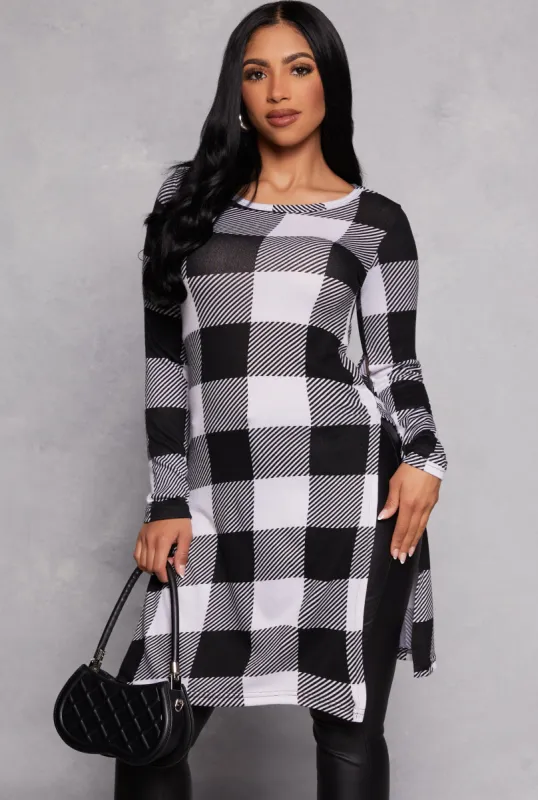 Plaid Long Sleeve Side Slit Tunic Top sold by Rainbow