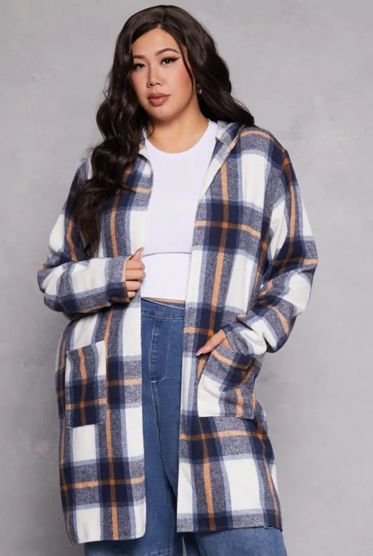 Plus Size Plaid Open Front Hooded Coat sold by Rainbow