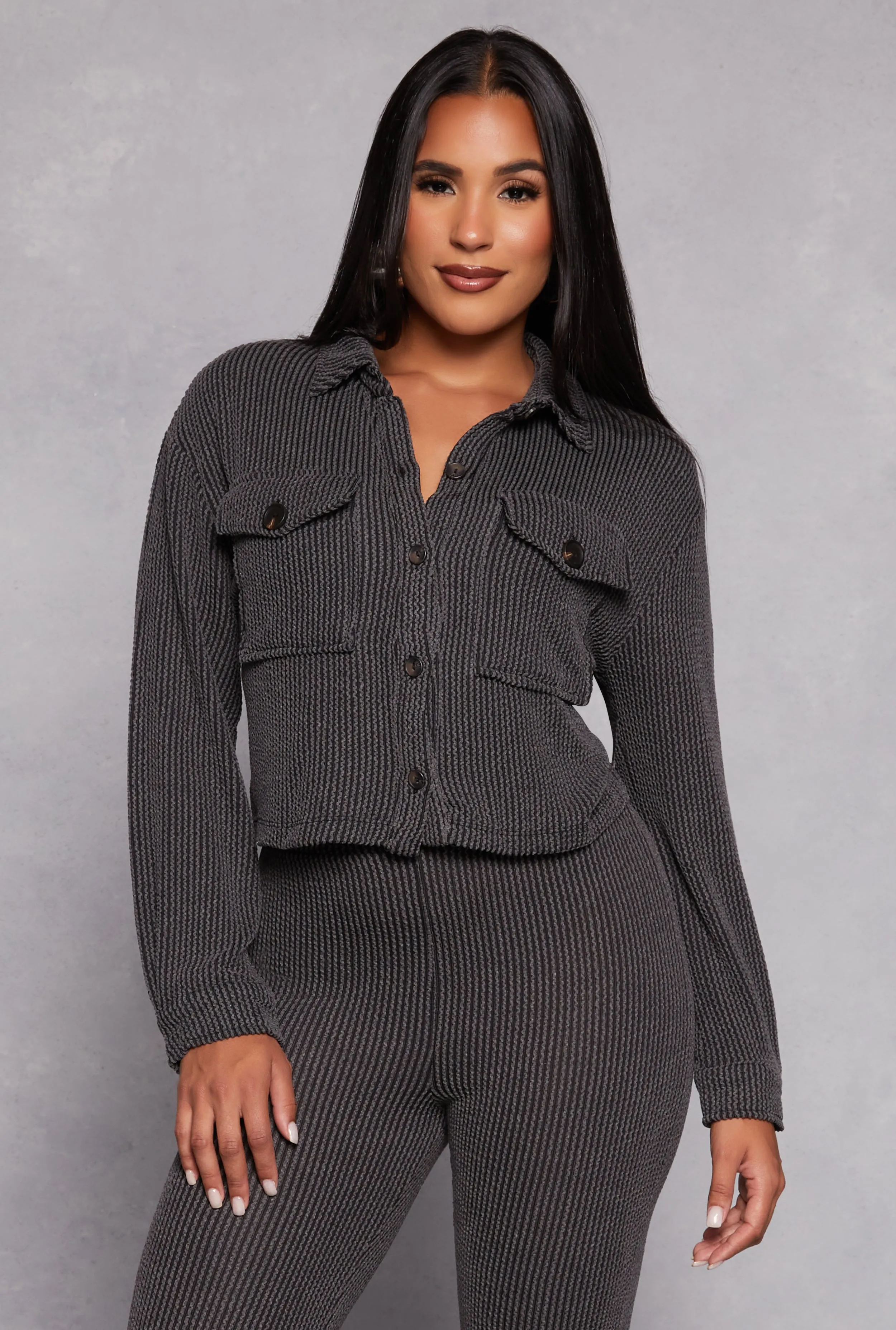 Textured Ribbed Knit Cropped Shirt sold by Rainbow