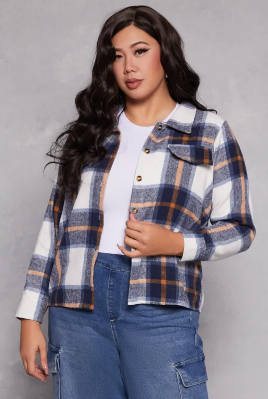 Plus Size Plaid Flap Detail Flannel Shacket sold by Rainbow