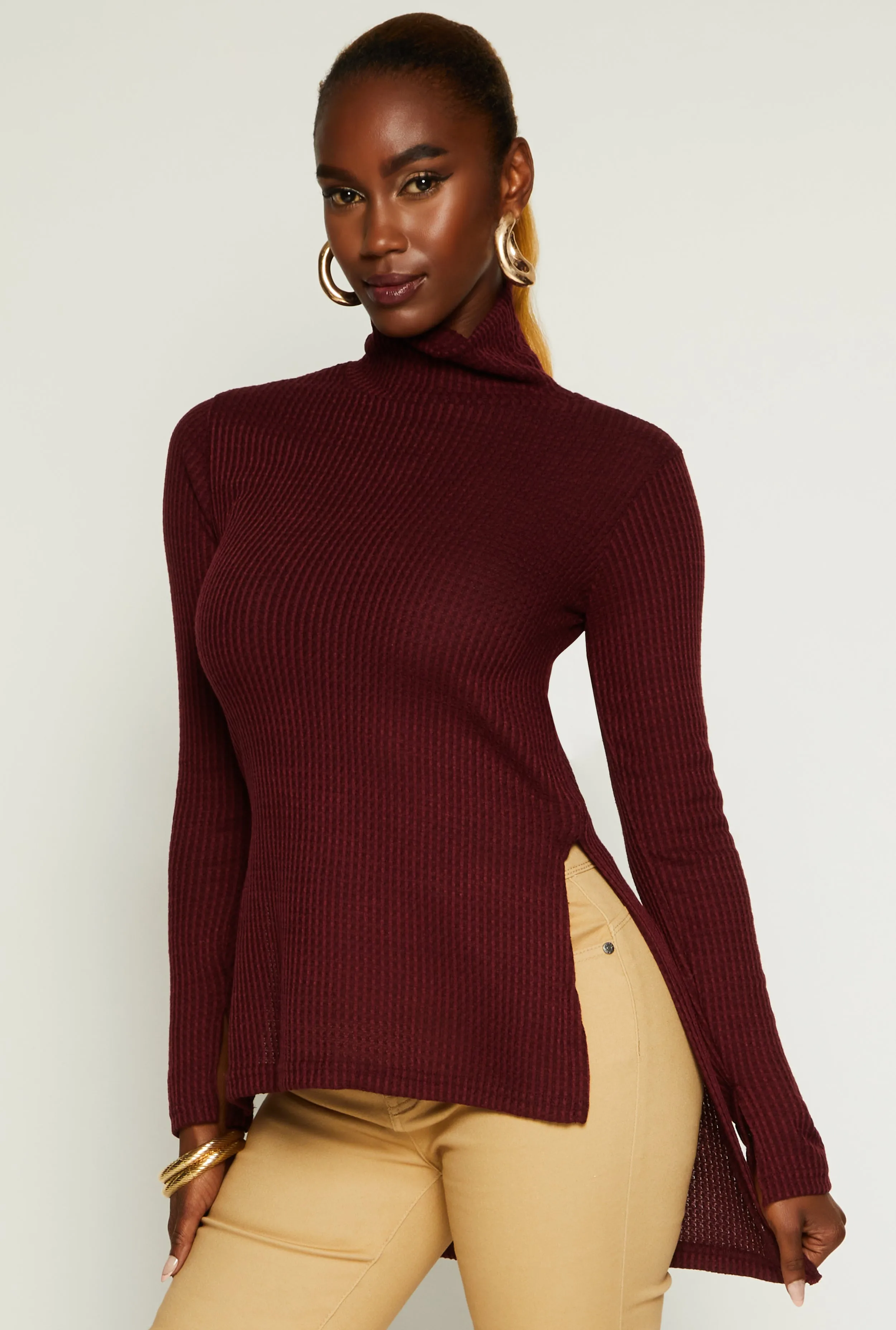Waffle Knit Turtleneck High Low Top sold by Rainbow