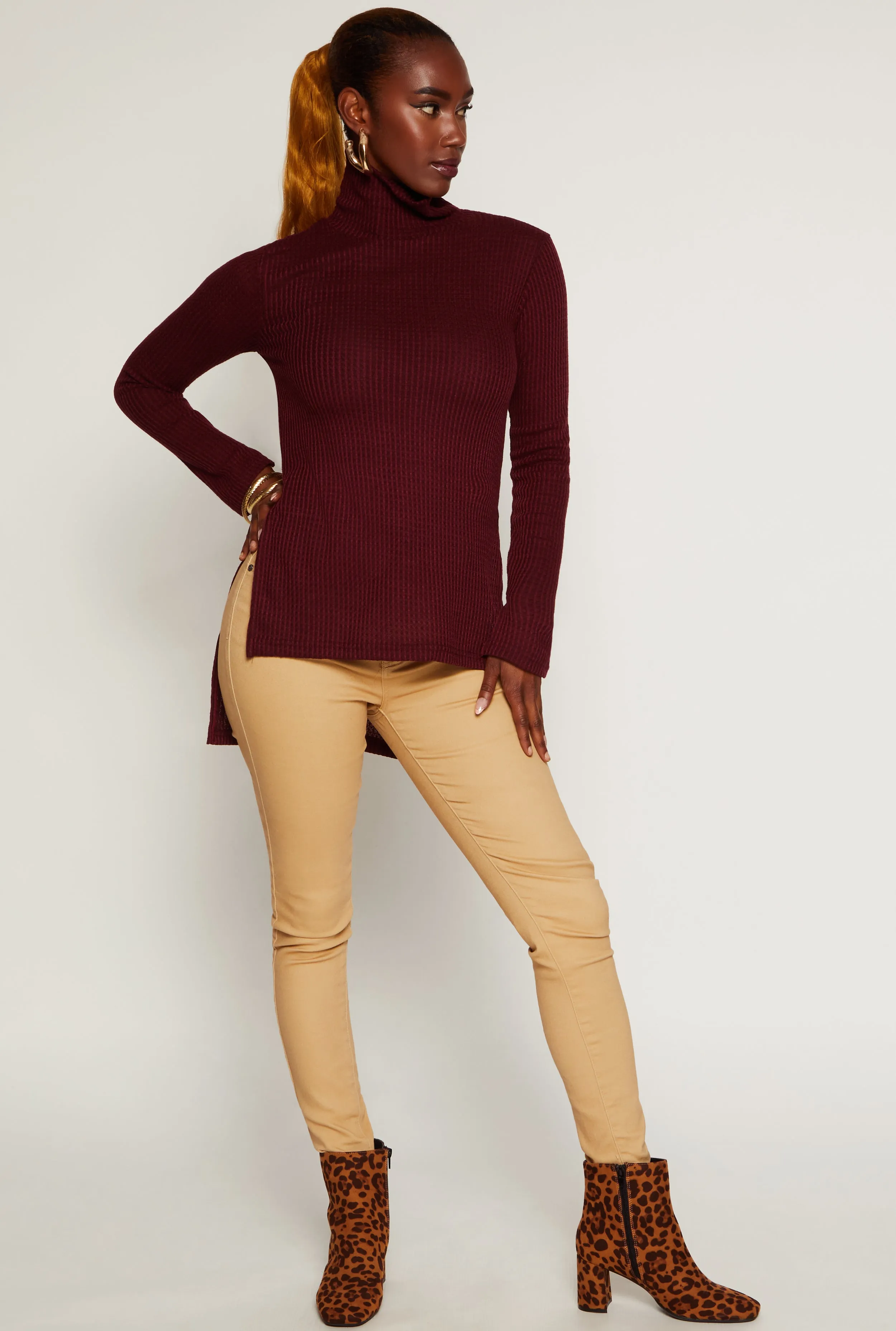 Waffle Knit Turtleneck High Low Top sold by Rainbow product image thumbnail 2