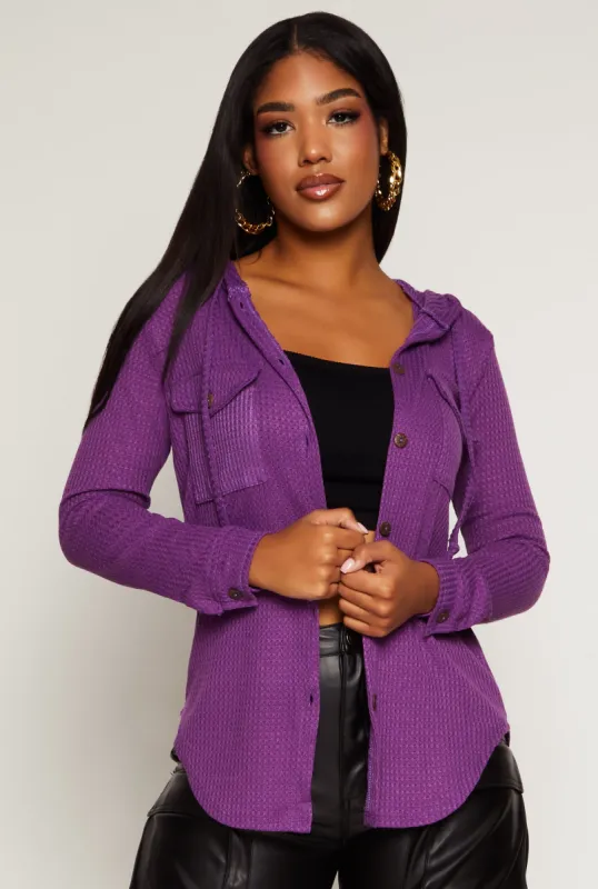 Hooded Waffle Knit Button Front Shirt sold by Rainbow