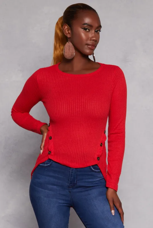 Waffle Knit Side Button High Low Top sold by Rainbow