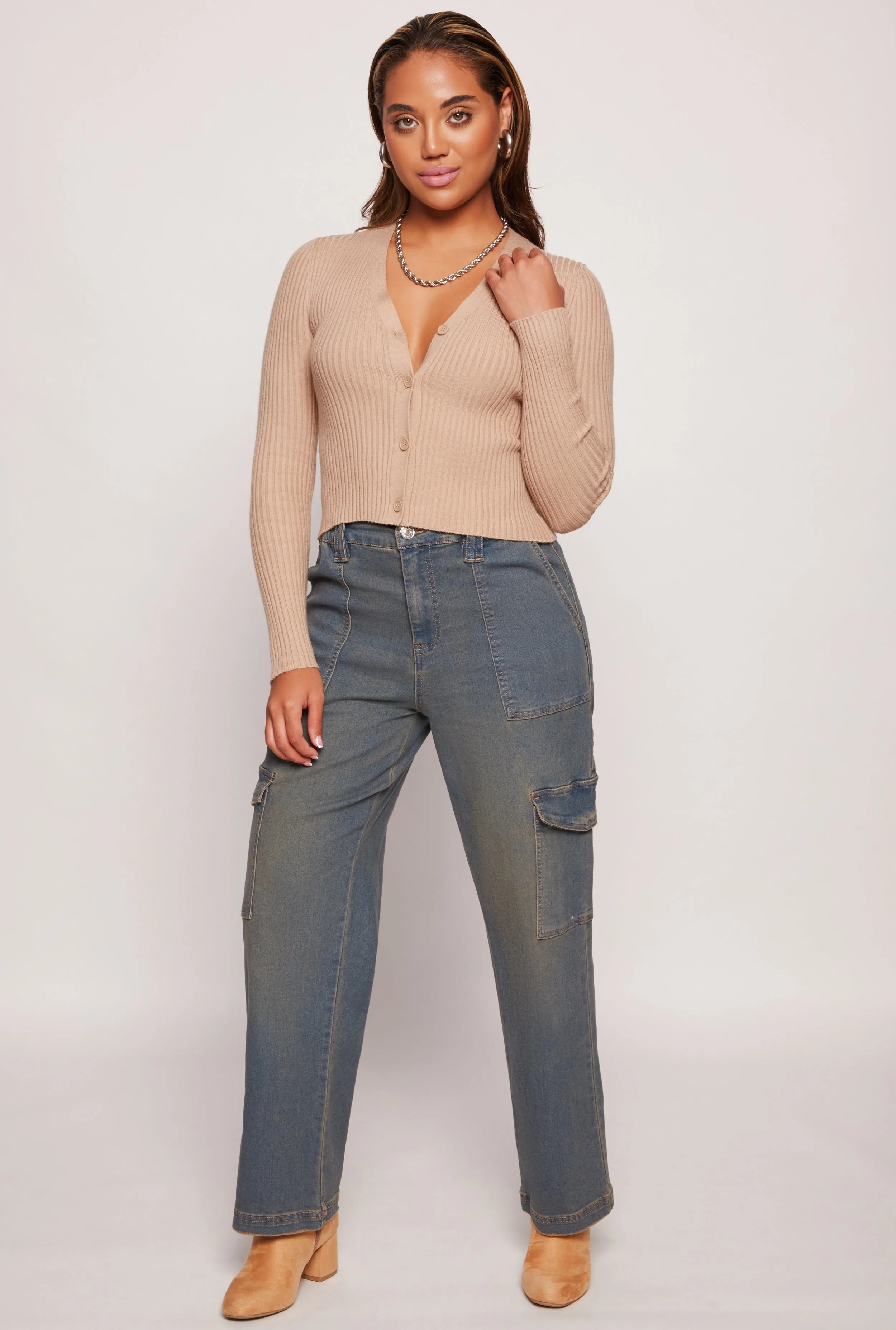 Ribbed Knit Button Front Cropped Cardigan sold by Rainbow product image thumbnail 2